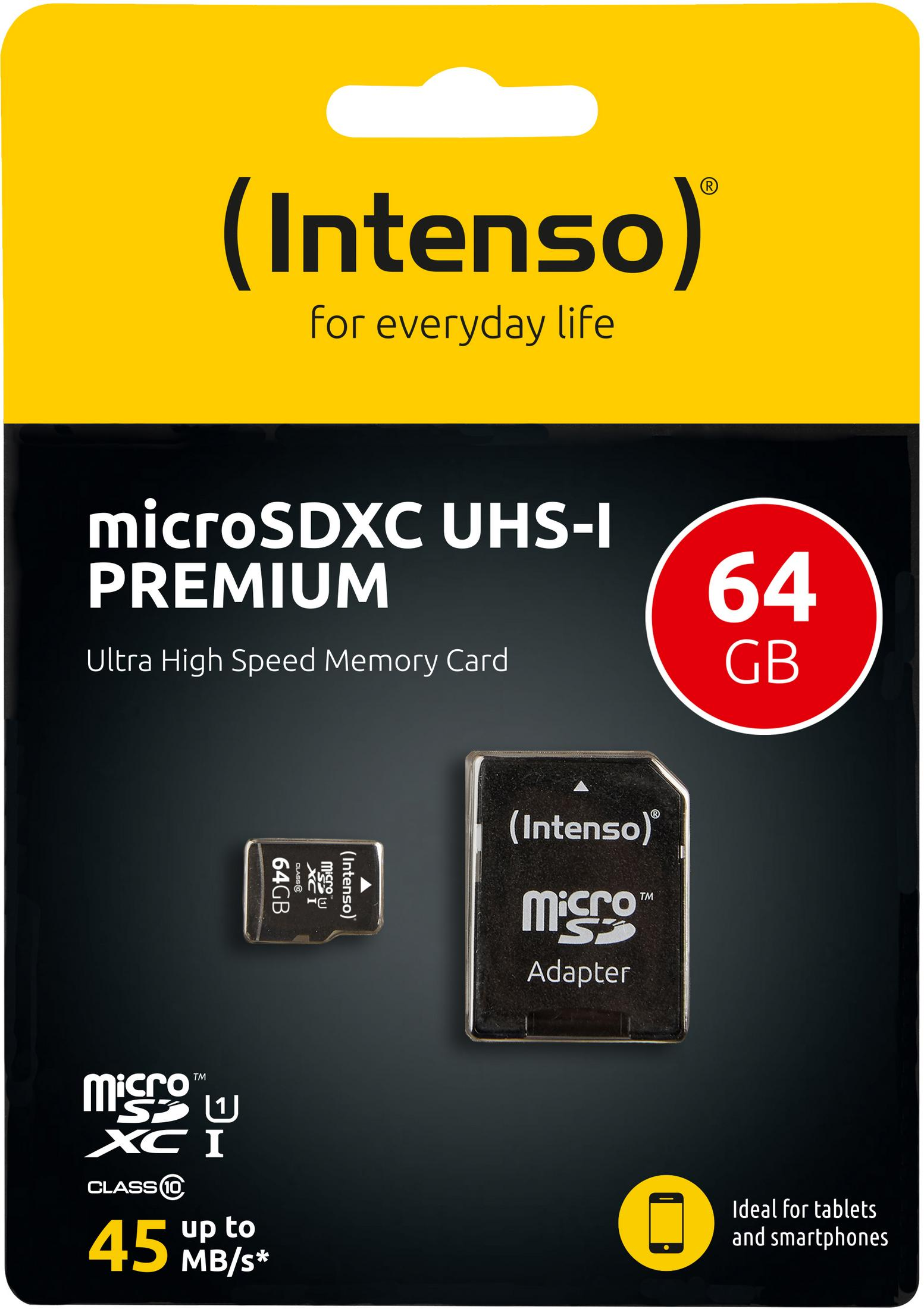Eine Micro-SD-Kartenverpackung, mit Speicherkarte und Adapter, auf weißem Grund.