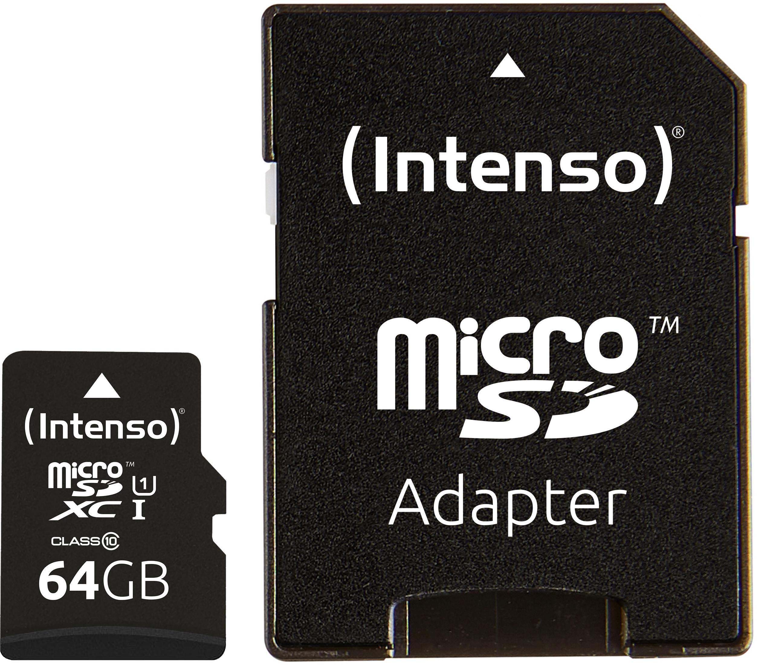 Micro-SD-Karte und Adapter. Die Karte ist schwarz mit weißem Text. Der Adapter ist schwarz.