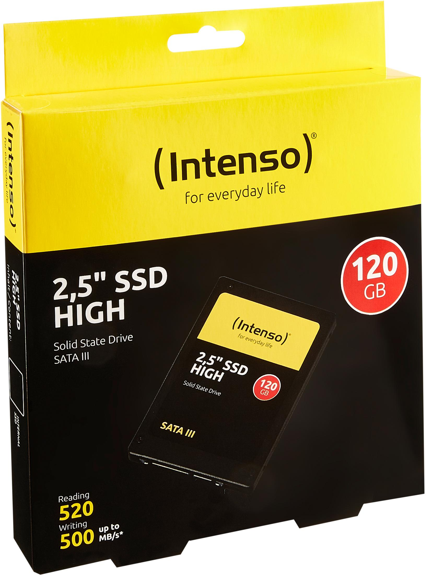 Żółto-czarne pudełko SSD. Z przodu napisano '2,5" SSD HIGH' i '120 GB'.