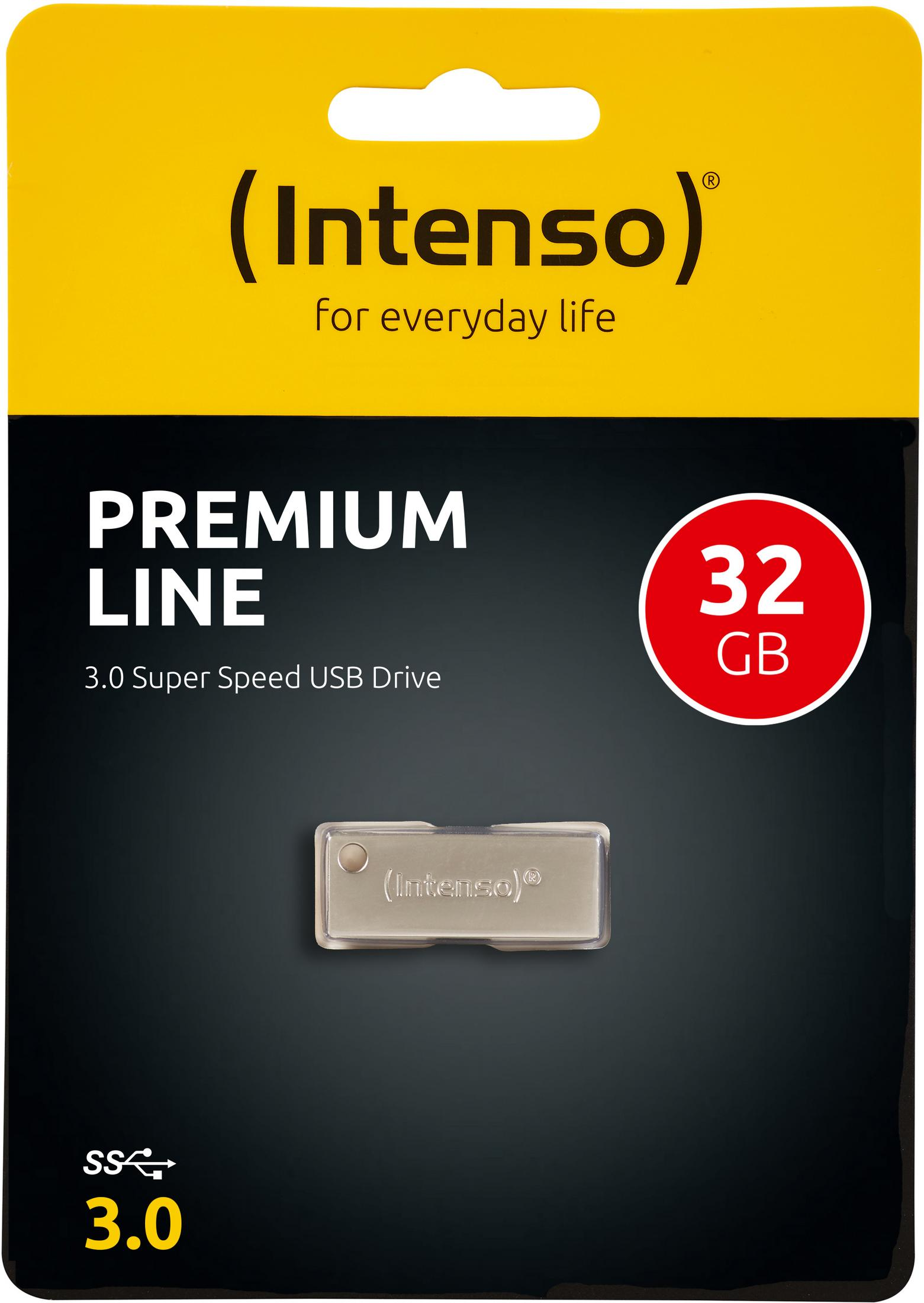 Pamięć USB Intenso Premium Line 3.0 w czarno-żółtym opakowaniu.
