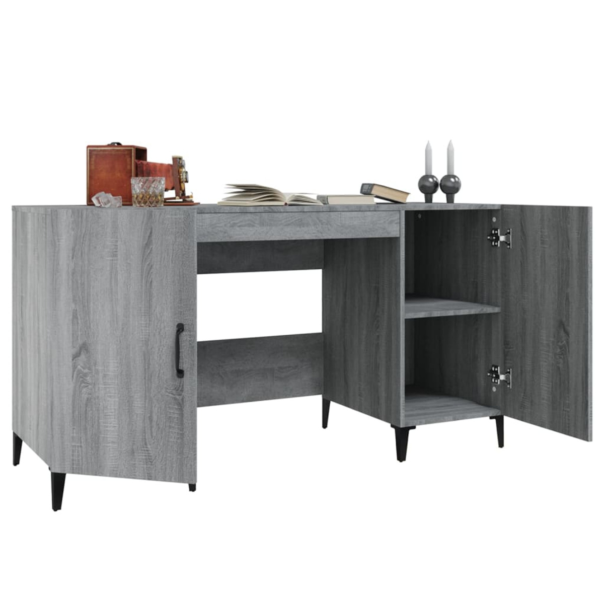 Ein grauer Holzschreibtisch mit geöffneten Türen, Regalen und Zubehör.