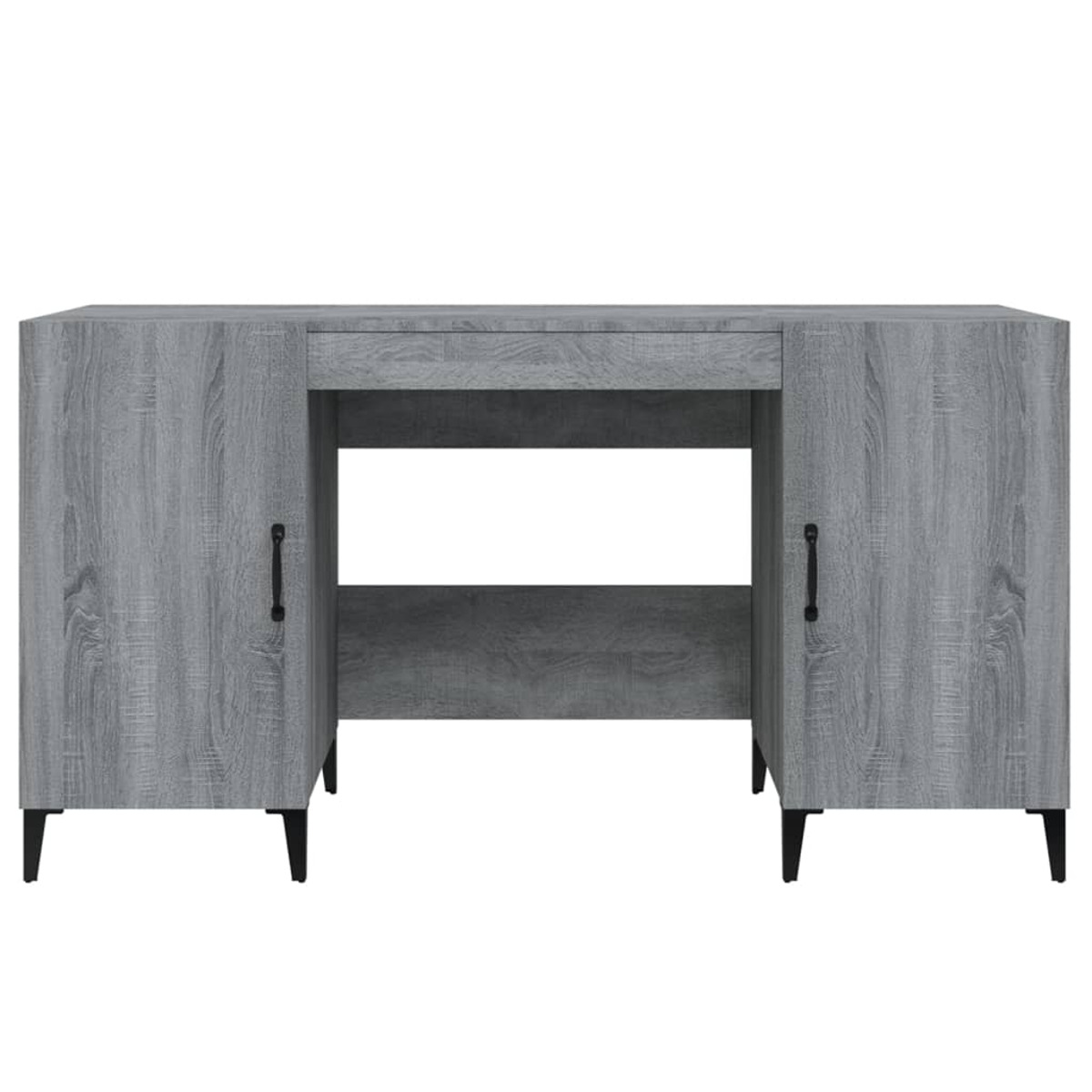 Grauer Holzschreibtisch mit zwei Schränken, Schublade und schwarzen Beinen, weißer Hintergrund.