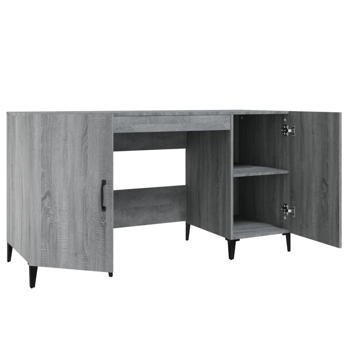 Holzschreibtisch mit zwei Türen und einer Schublade. Schwarze Griffe und Beine. Hellgraue Farbe.