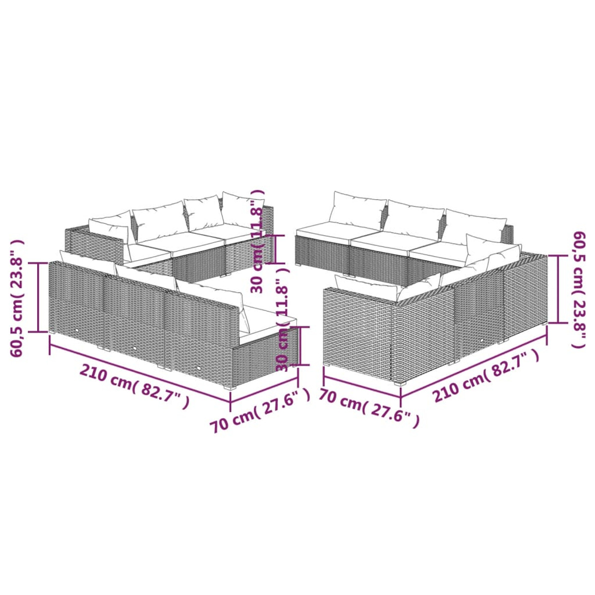 Zwei Outdoor-Rattansofa-Sets mit Maßangaben, einander gegenüber angeordnet.