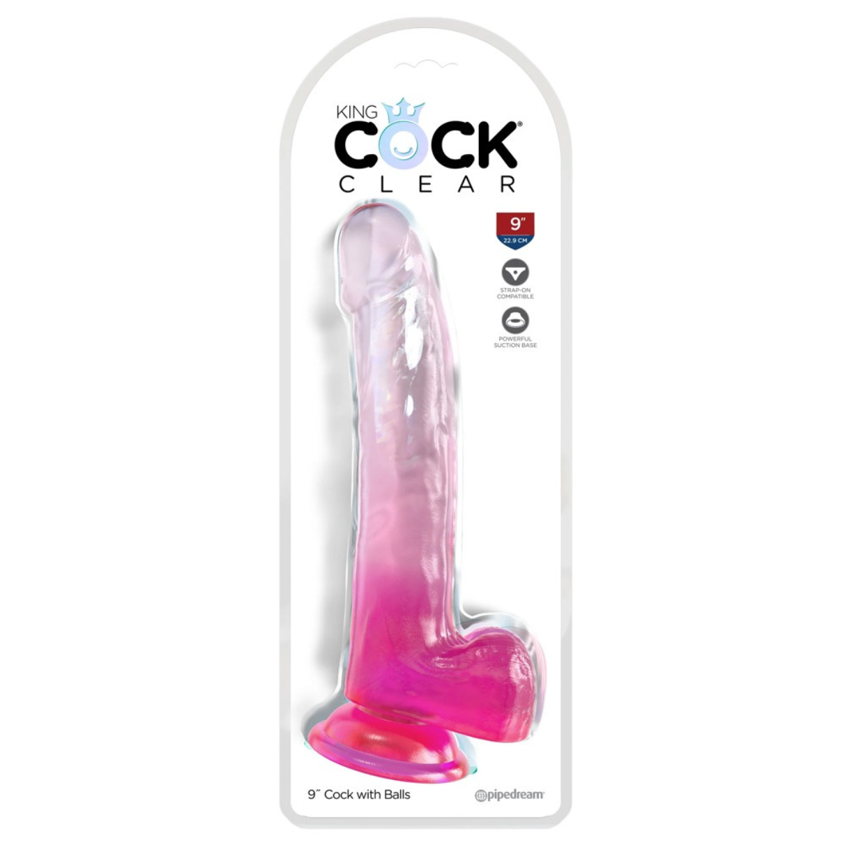 Ein rosa Dildo in Verpackung. Die Verpackung ist weiß und klar. Der Dildo hat einen rosa Farbverlauf.