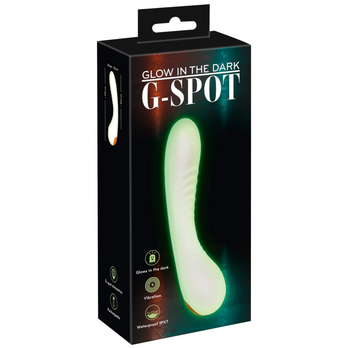 Schwarze Schachtel für einen leuchtenden G-Punkt-Vibrator. Der Vibrator ist weiß und geformt. Schwarzer Hintergrund.
