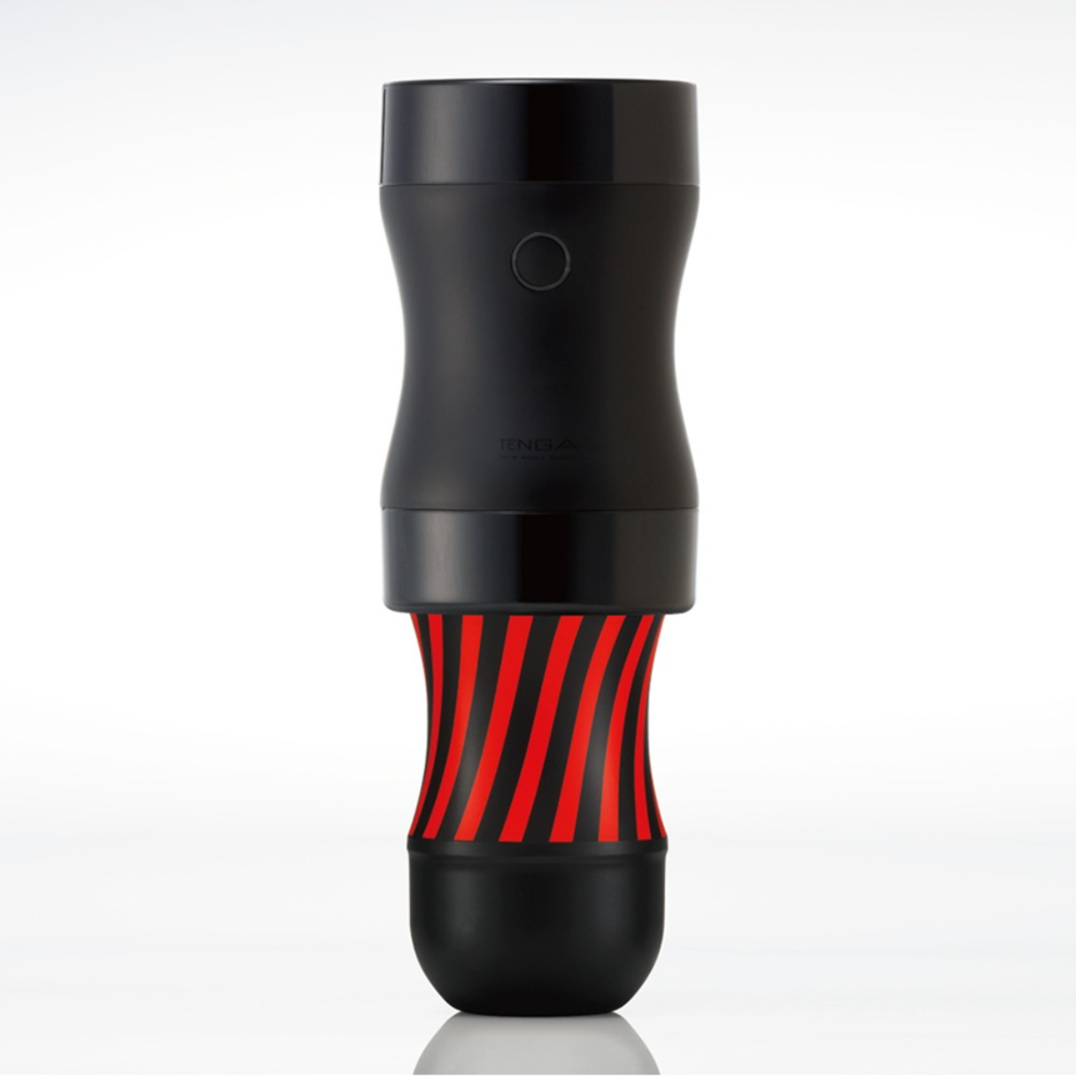 Ein schwarzes Sexspielzeug mit roten Streifen. Zylindrisch mit gebogenem Design.