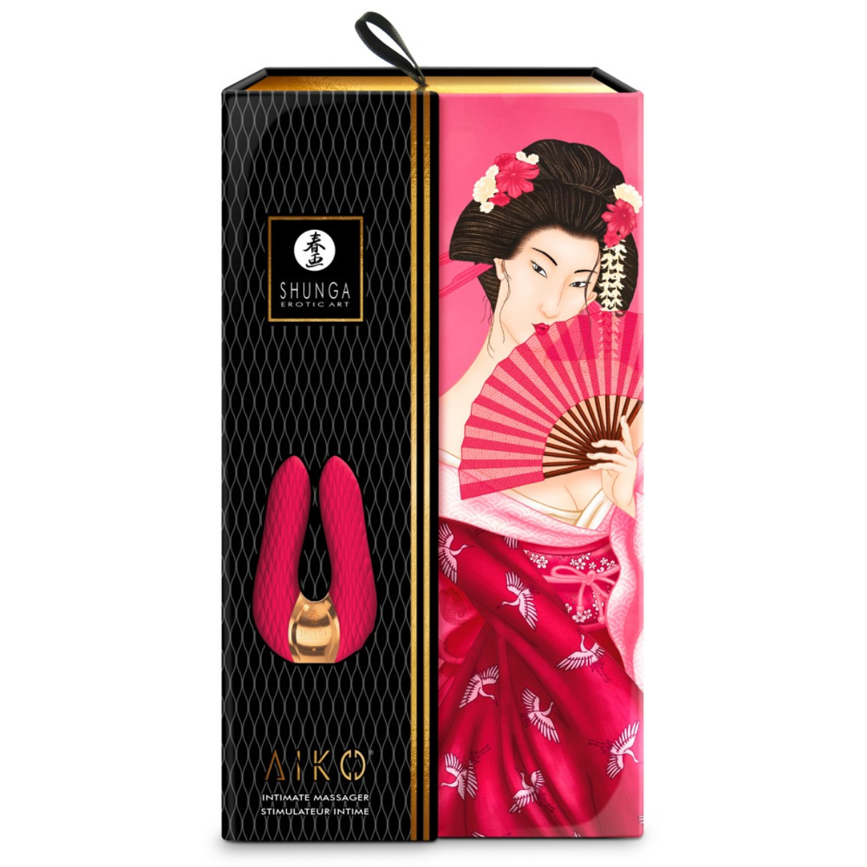 Caja con la imagen de una mujer en kimono sosteniendo un abanico y un masajeador íntimo rosa.