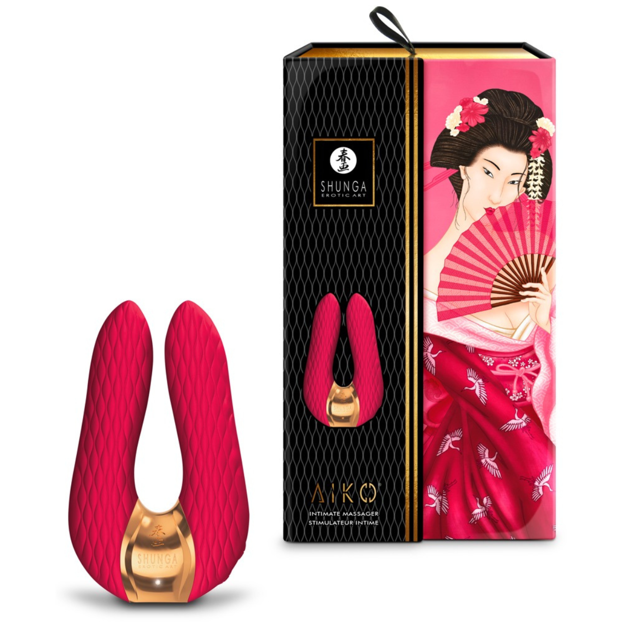 Un juguete sexual rojo y dorado con una caja temática de geisha.