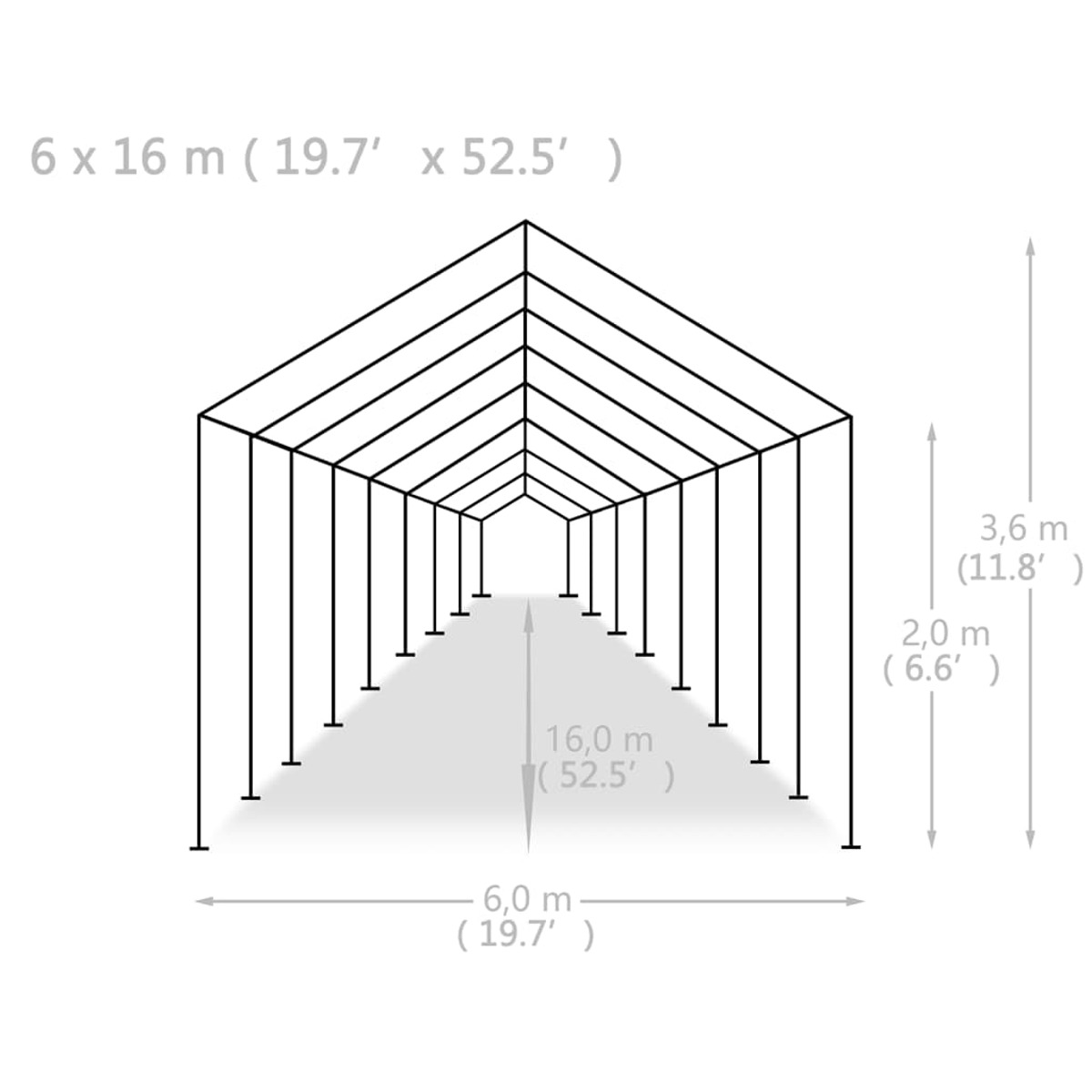 Diagramm einer Struktur mit Abmessungen. Es zeigt eine tunnelartige Form in schwarzen Linien und Grauschattierung.