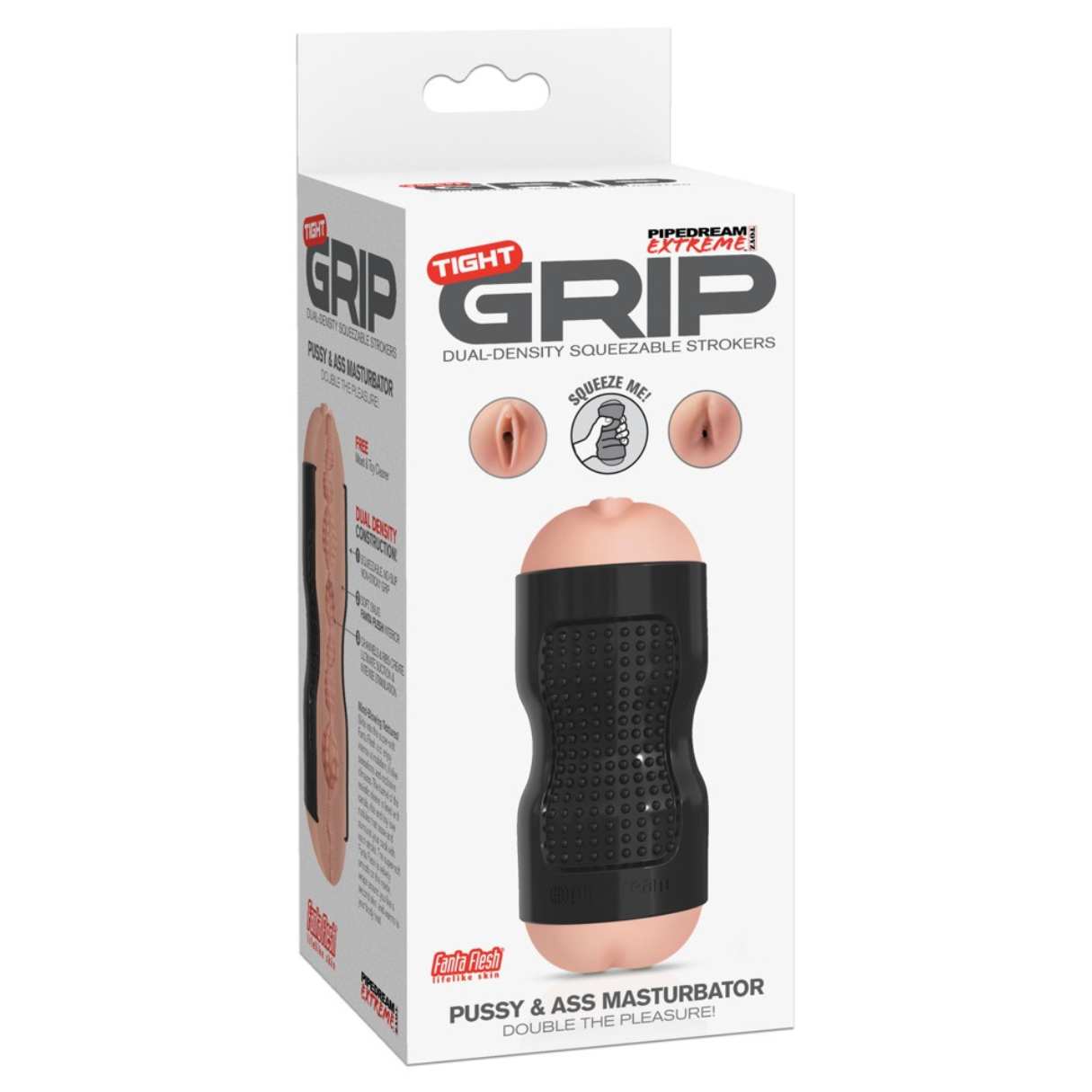 Produktbox mit einem schwarzen und hautfarbenen Masturbator. Text lautet 'Tight Grip' und 'Pussy & Ass Masturbator'.