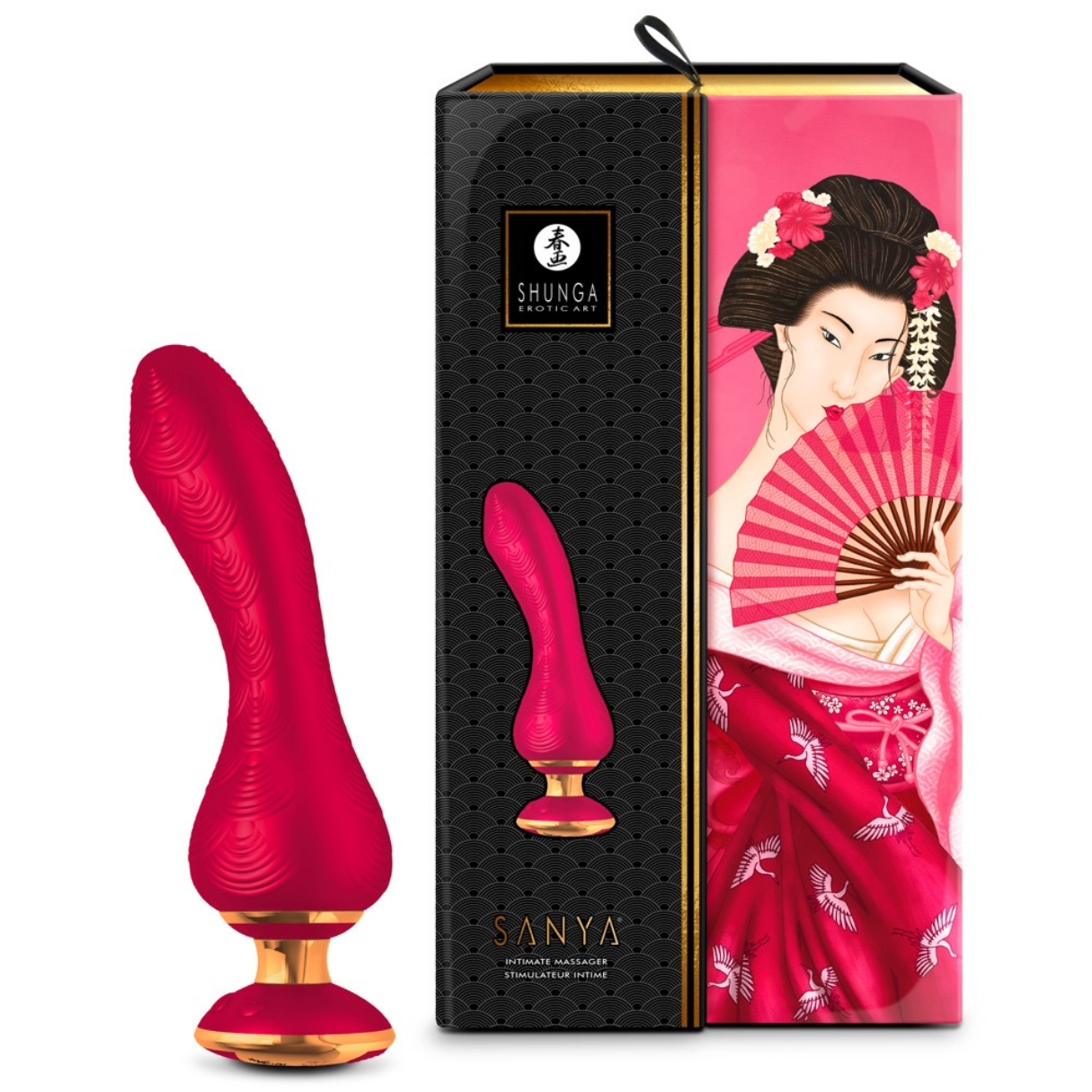 Un vibrador rosa y una caja con una ilustración de geisha.