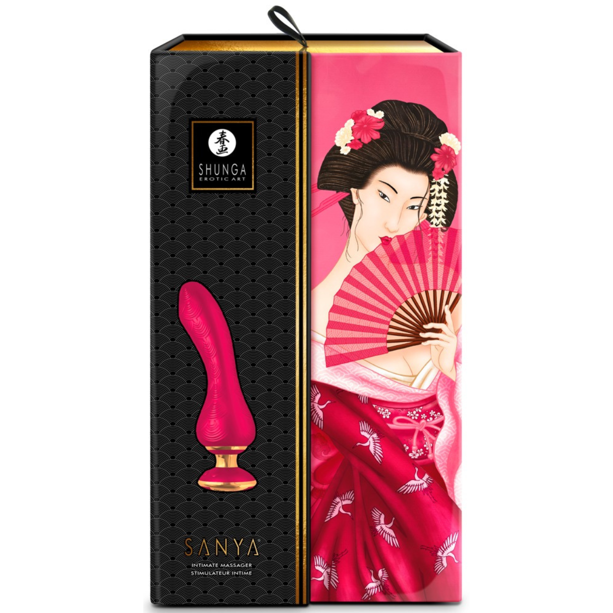 Caja con un vibrador rosa y una ilustración de geisha en el lateral.