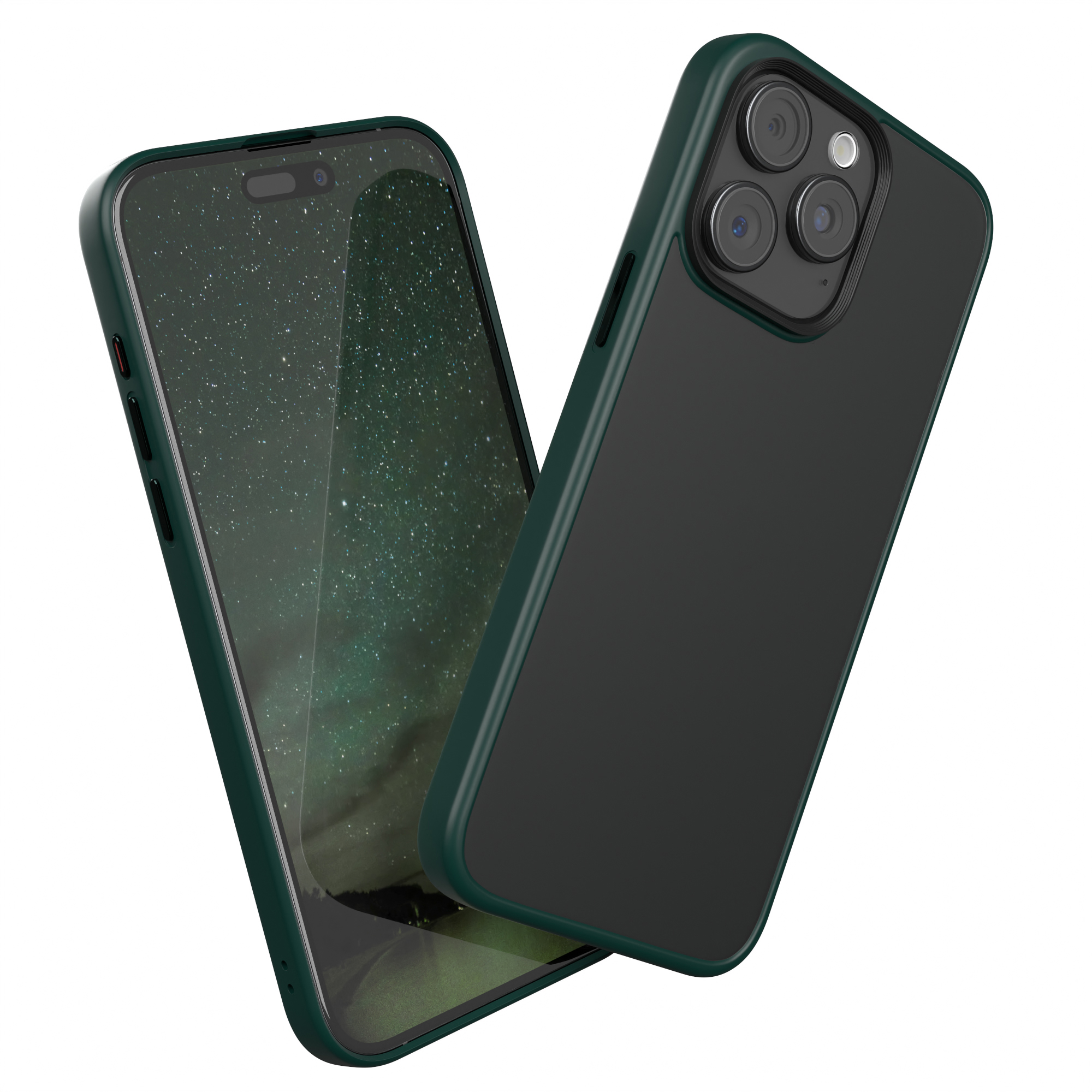 Eine Handyhülle mit grünem Rahmen, schwarzer Rückseite und einem Telefon. Das Telefon hat grünes Hintergrundbild.