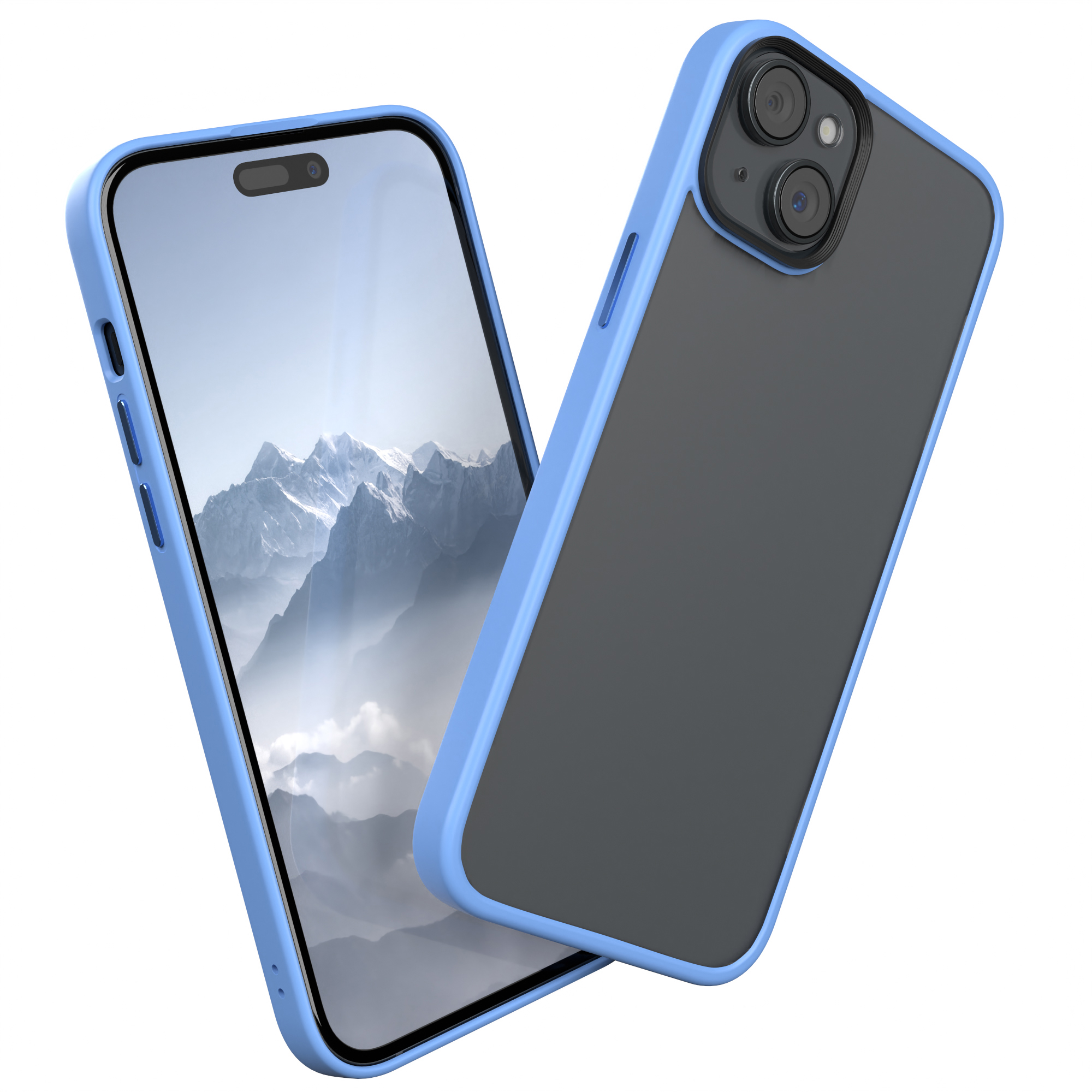Ein Telefon in einer blauen Hülle befindet sich neben der Rückseite der Hülle. Der Bildschirm zeigt einen Berg.