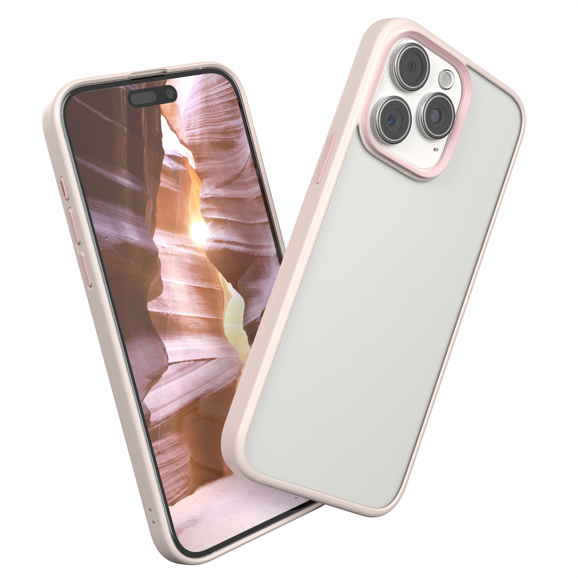 Rosa Handyhülle mit Telefon. Eine Canyon-Szene ist auf dem Bildschirm des Telefons sichtbar.