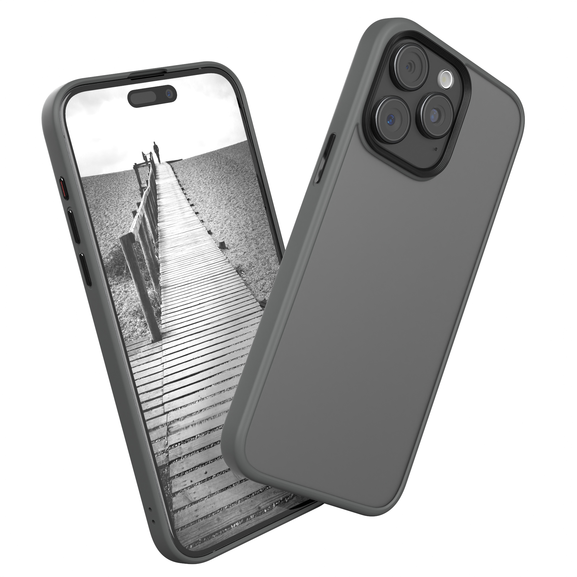 Zwei graue Telefonhüllen, eine mit einem Telefon, das einen Steg zeigt.
