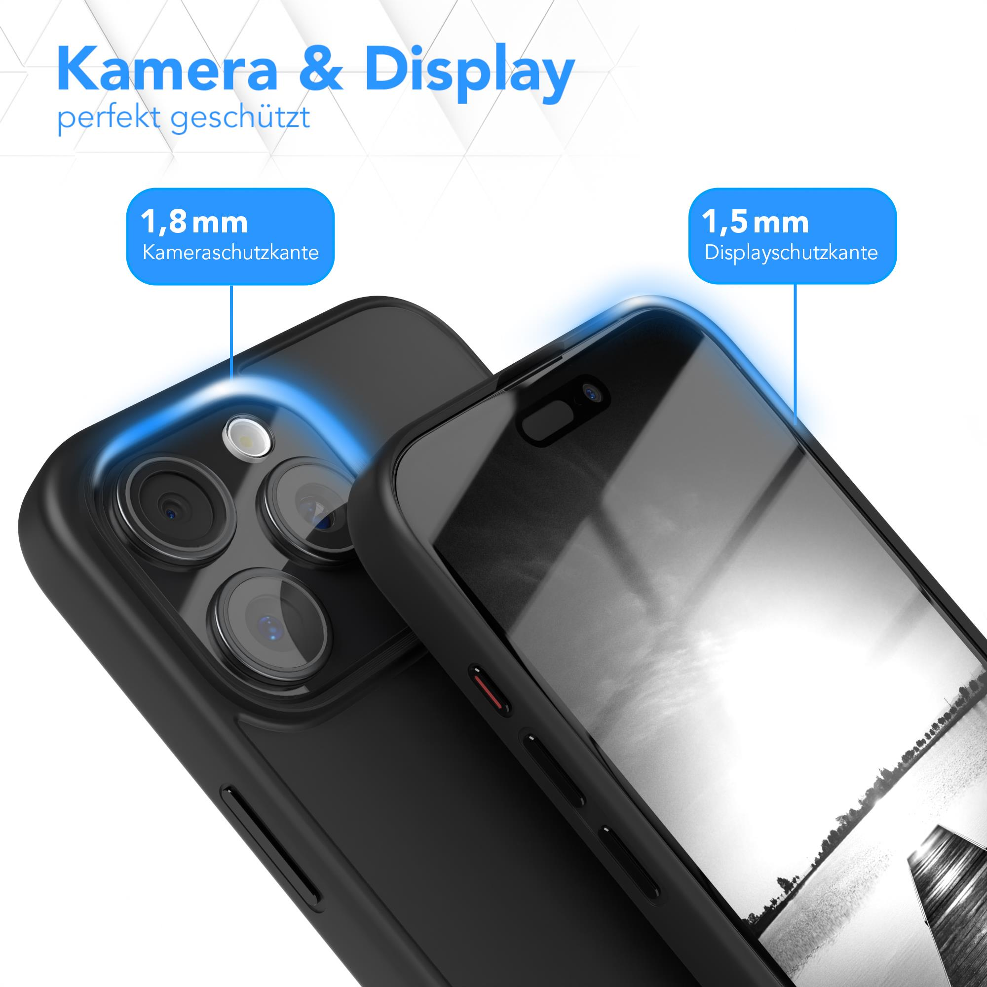 Nahaufnahme einer Handyhülle mit Telefon. Zeigt Kamera- und Bildschirmschutzdetails.