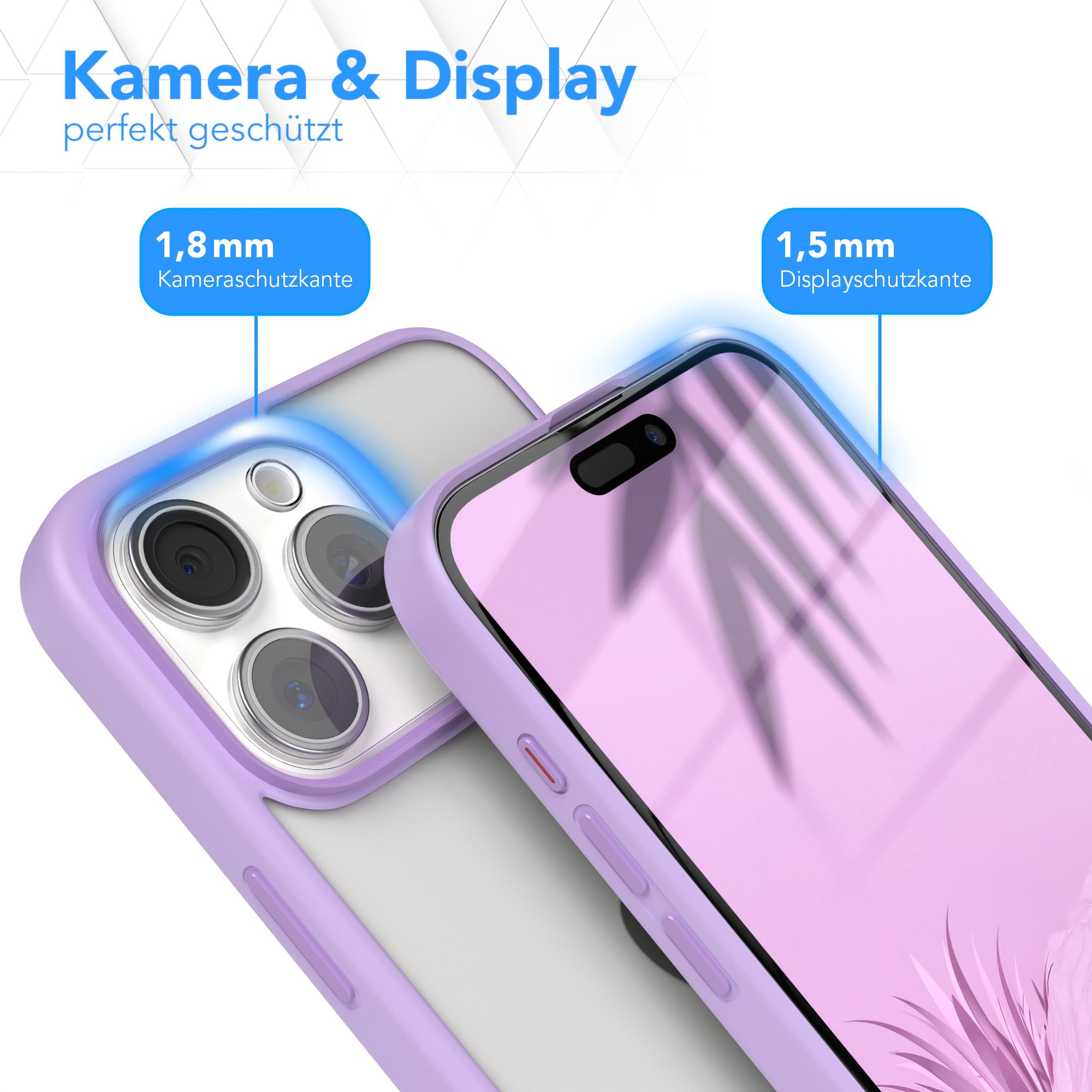 Eine Handyhülle mit einem Handy darin. Die Hülle ist lavendelfarben. Schutztext ist auf der Hülle.