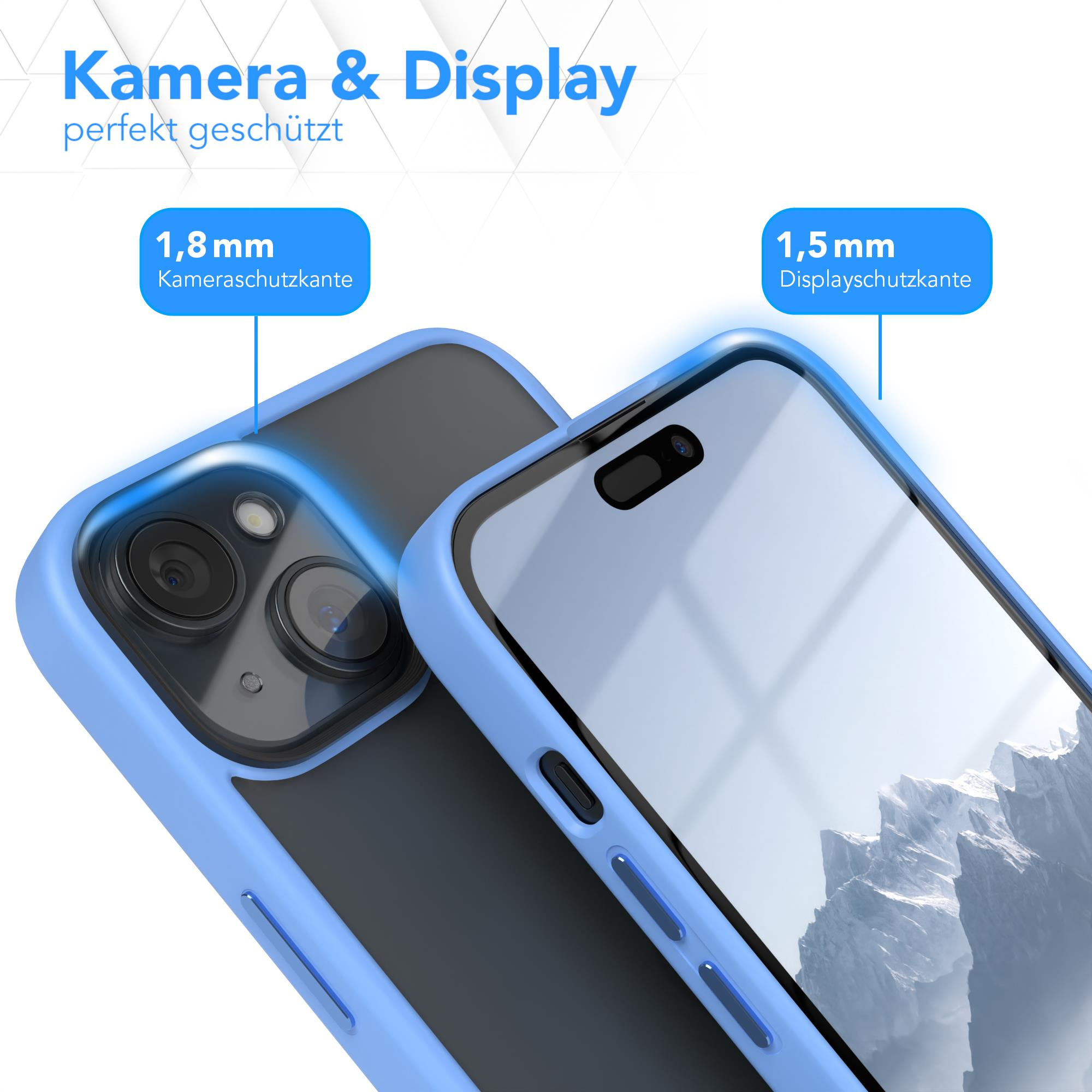 Eine blaue Handyhülle liegt auf einem Telefon. Die Hülle hat zwei Kamera- und Displayschutz.