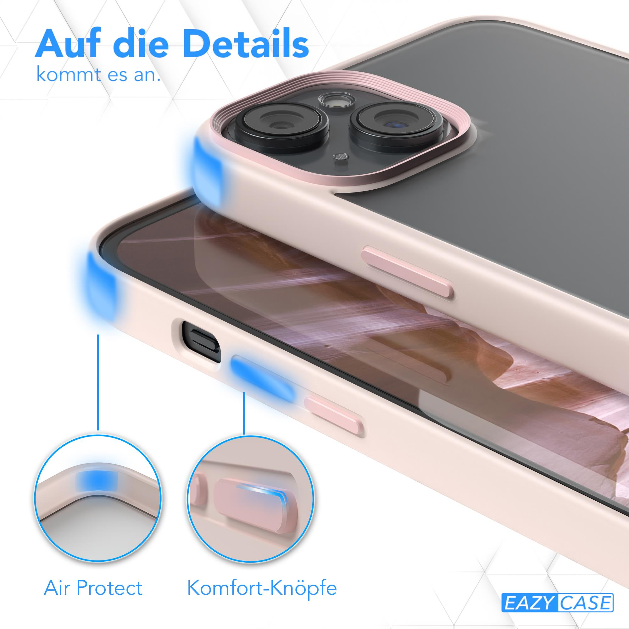 Nahaufnahme einer Handyhülle mit rosa Akzenten. Text auf Deutsch mit zwei kreisförmigen Detailansichten.
