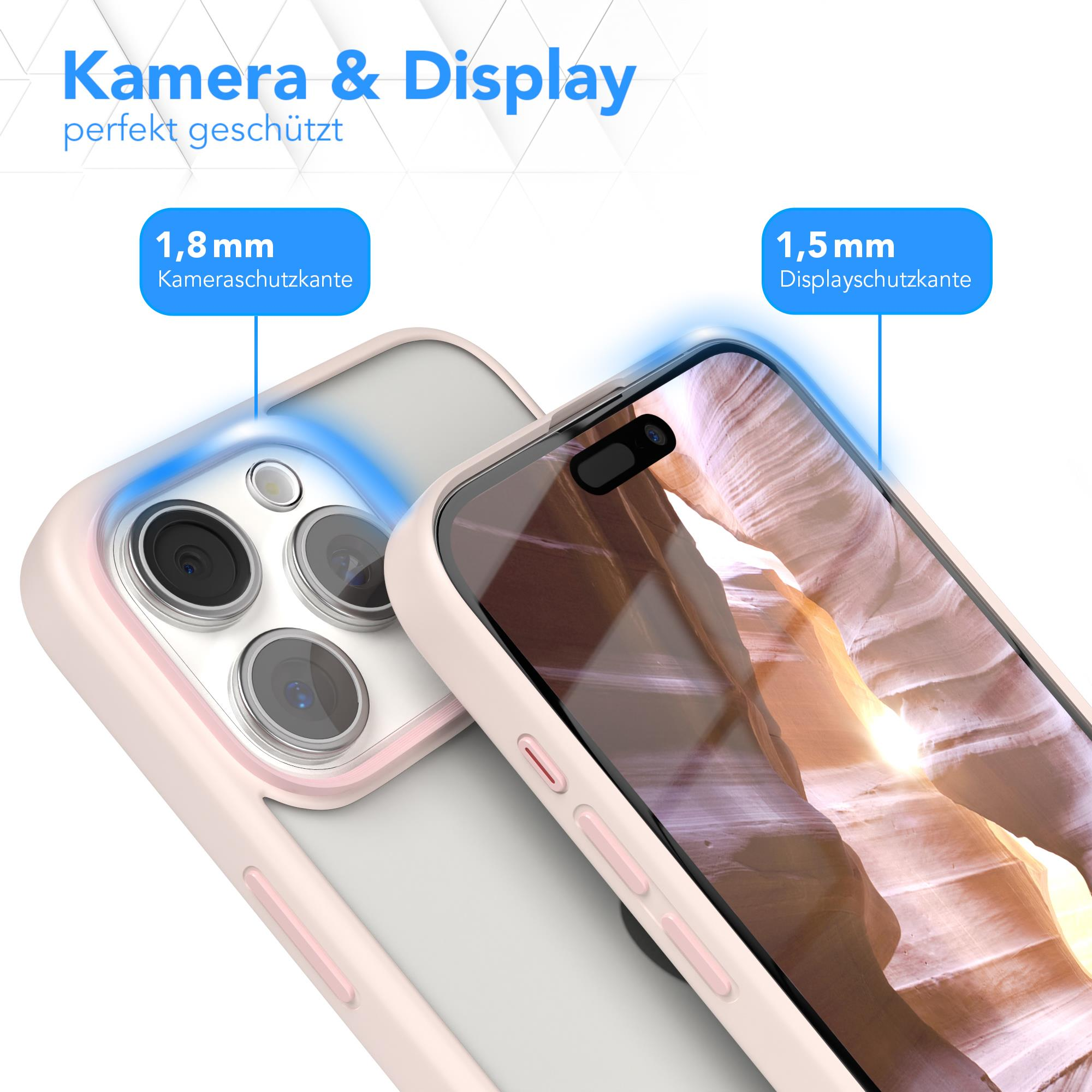 Ein Telefon in einem rosa Gehäuse, mit Text, der Kamera- und Displayschutzmessungen anzeigt.