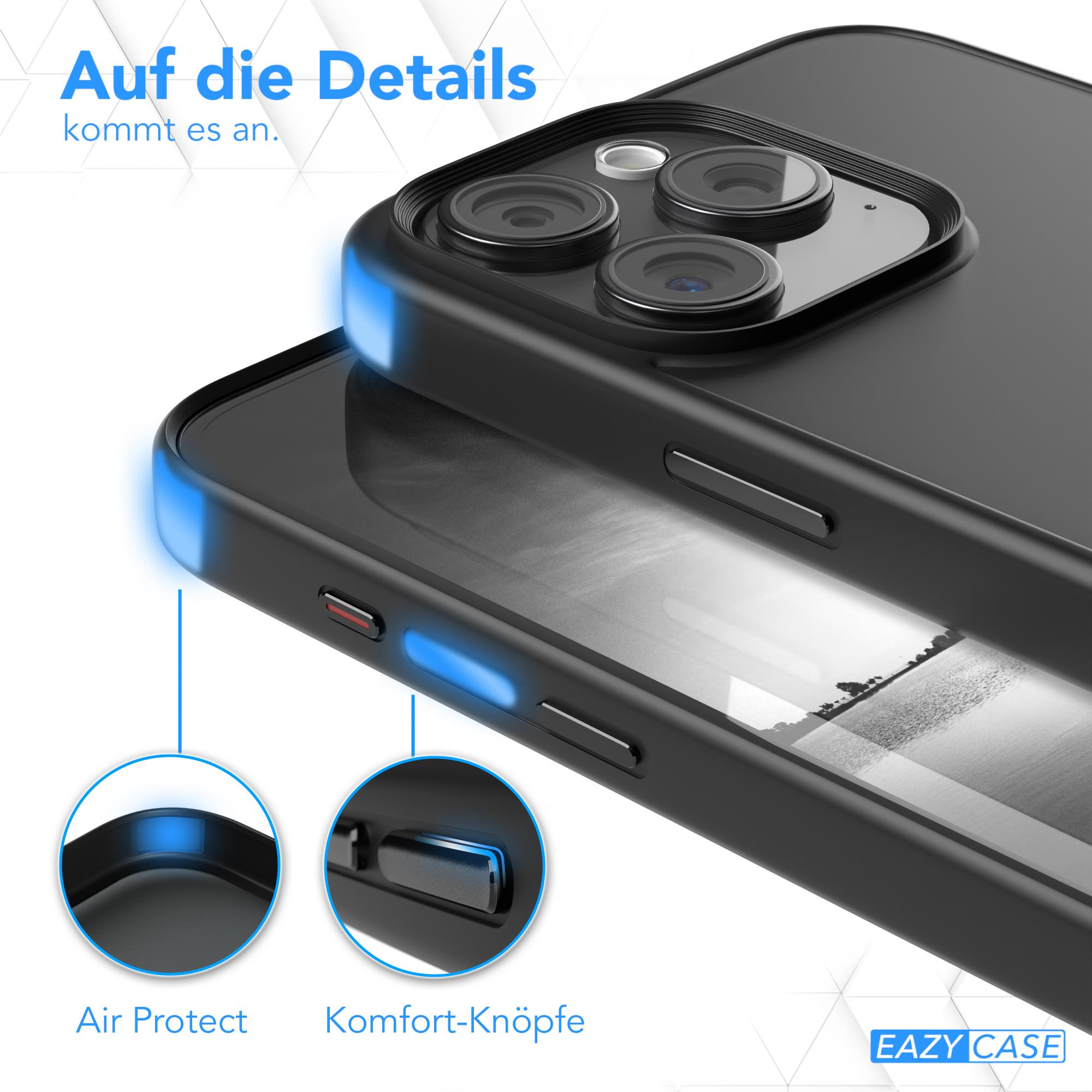 Zwei schwarze Handyhüllen mit blauen Akzenten werden gezeigt, wobei die wichtigsten Merkmale hervorgehoben werden.