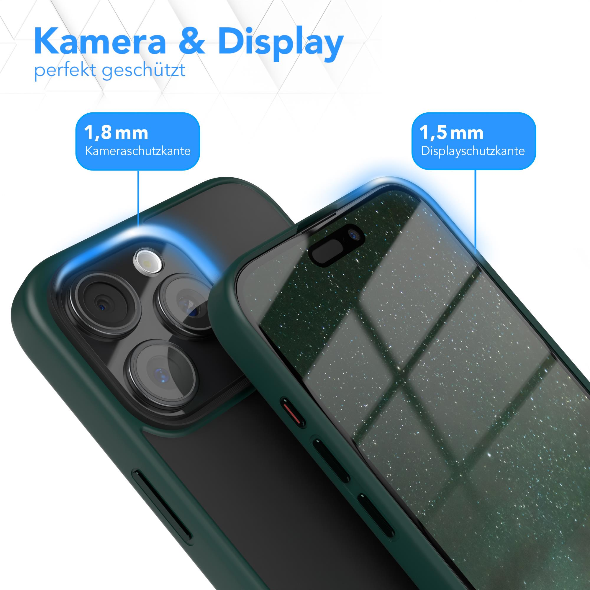 Eine Handyhülle mit Telefon. Die Hülle ist grün, und das Telefon hat eine Displayschutzfolie.