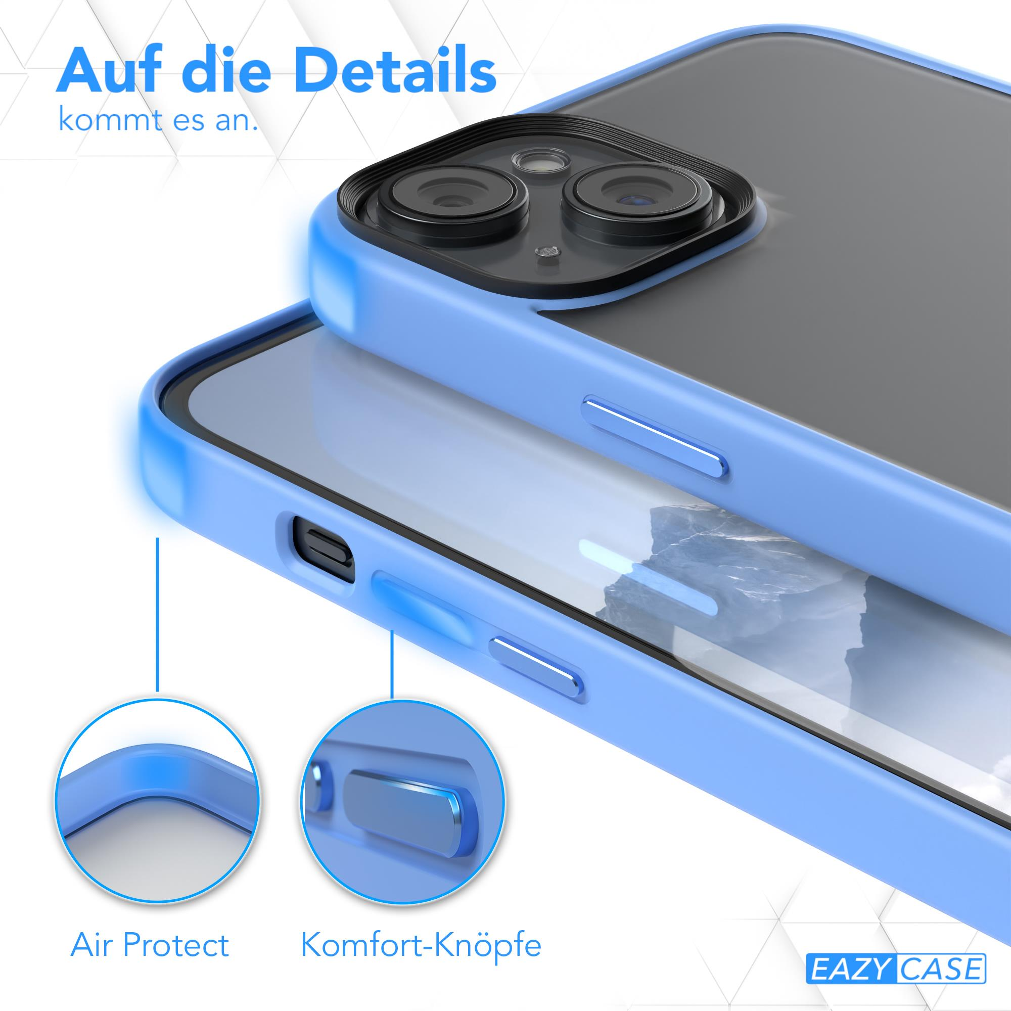 Nahaufnahme einer hellblauen Handyhülle mit zwei Kreisen, die Luftschutz und Knöpfe anzeigen.