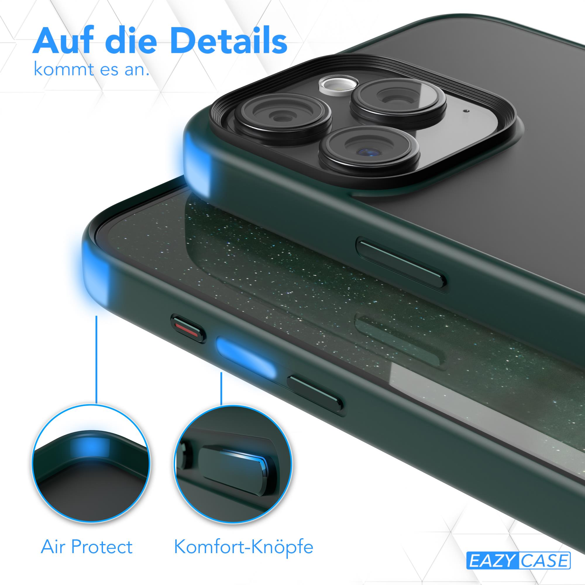 Nahaufnahme einer Handyhülle mit dunkelgrünem Rahmen und klarer Rückseite.