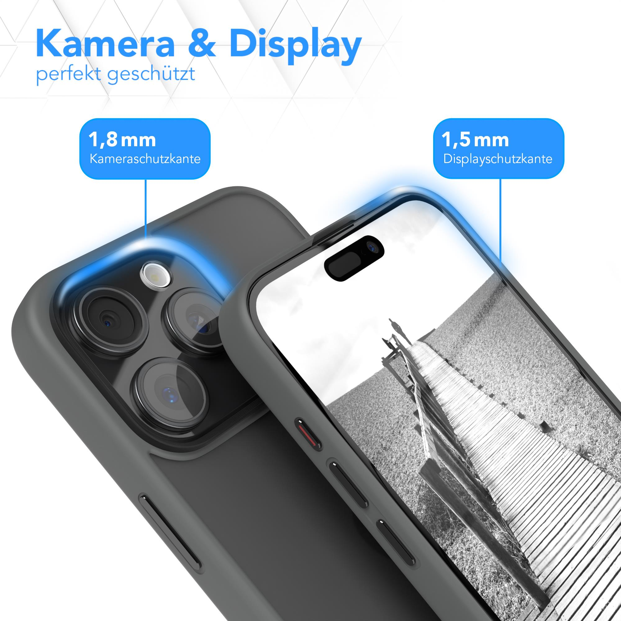 Ein Telefon mit grauem Gehäuse, das die Kamera- und Displayschutzdetails zeigt.
