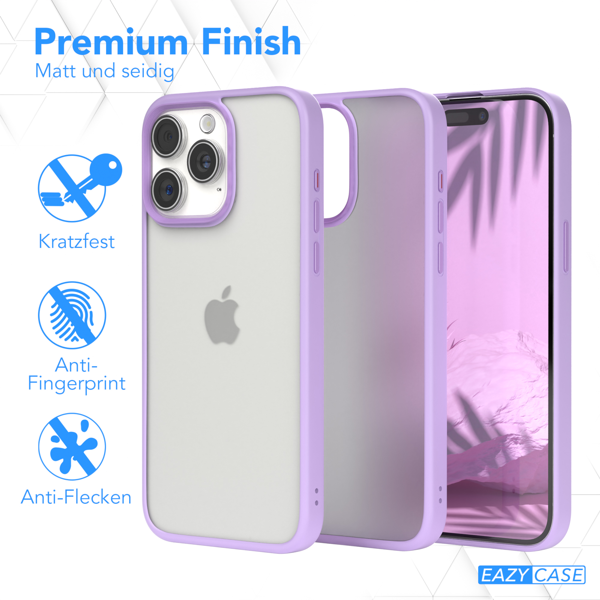 Handyhülle mit durchsichtigem Rückteil und lila Rändern, drei Hüllen in einer Reihe. Text: Premium Finish.