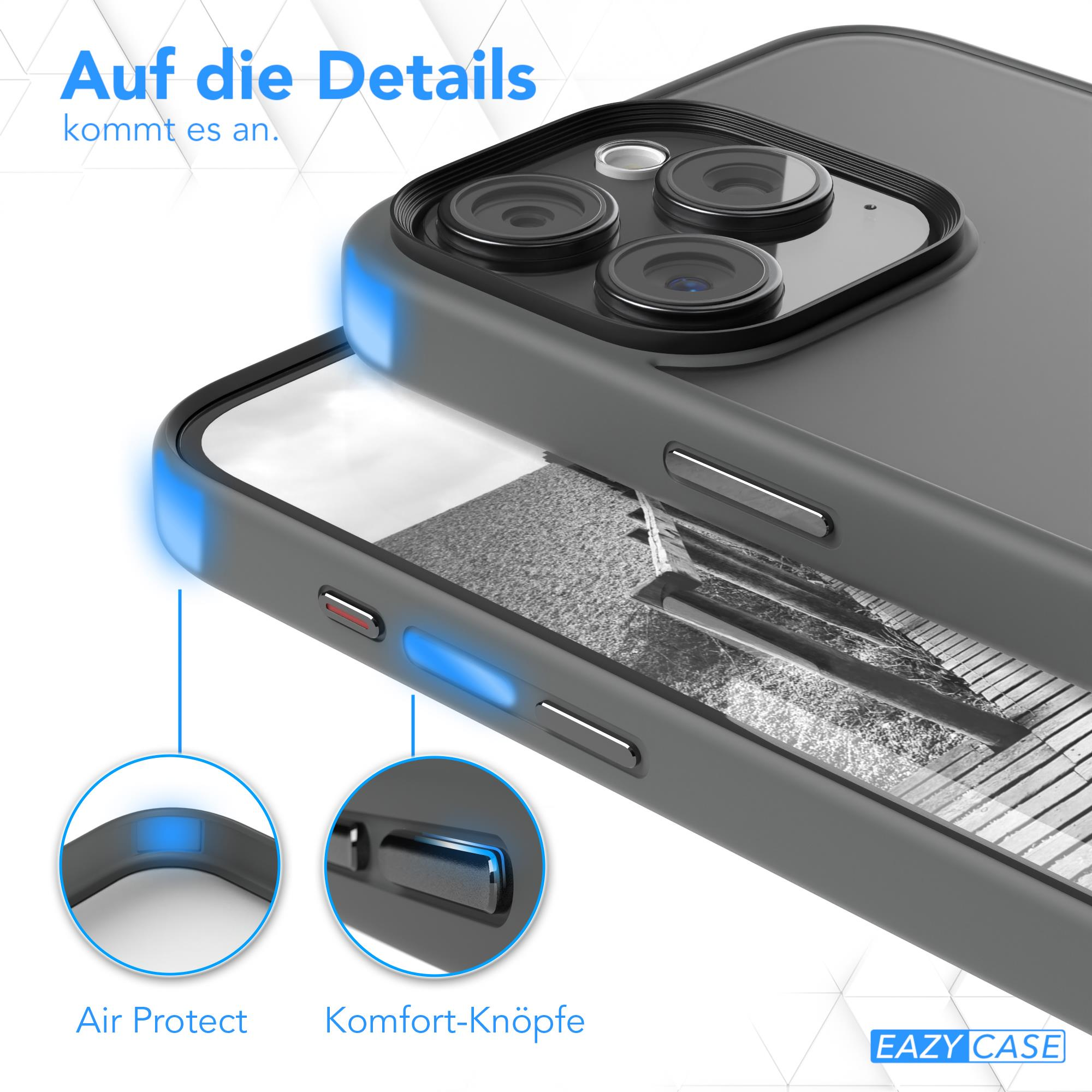 Nahaufnahme einer Handyhülle. Die Hülle ist grau mit blauen Akzenten an den Rändern. Mit Komforttasten.