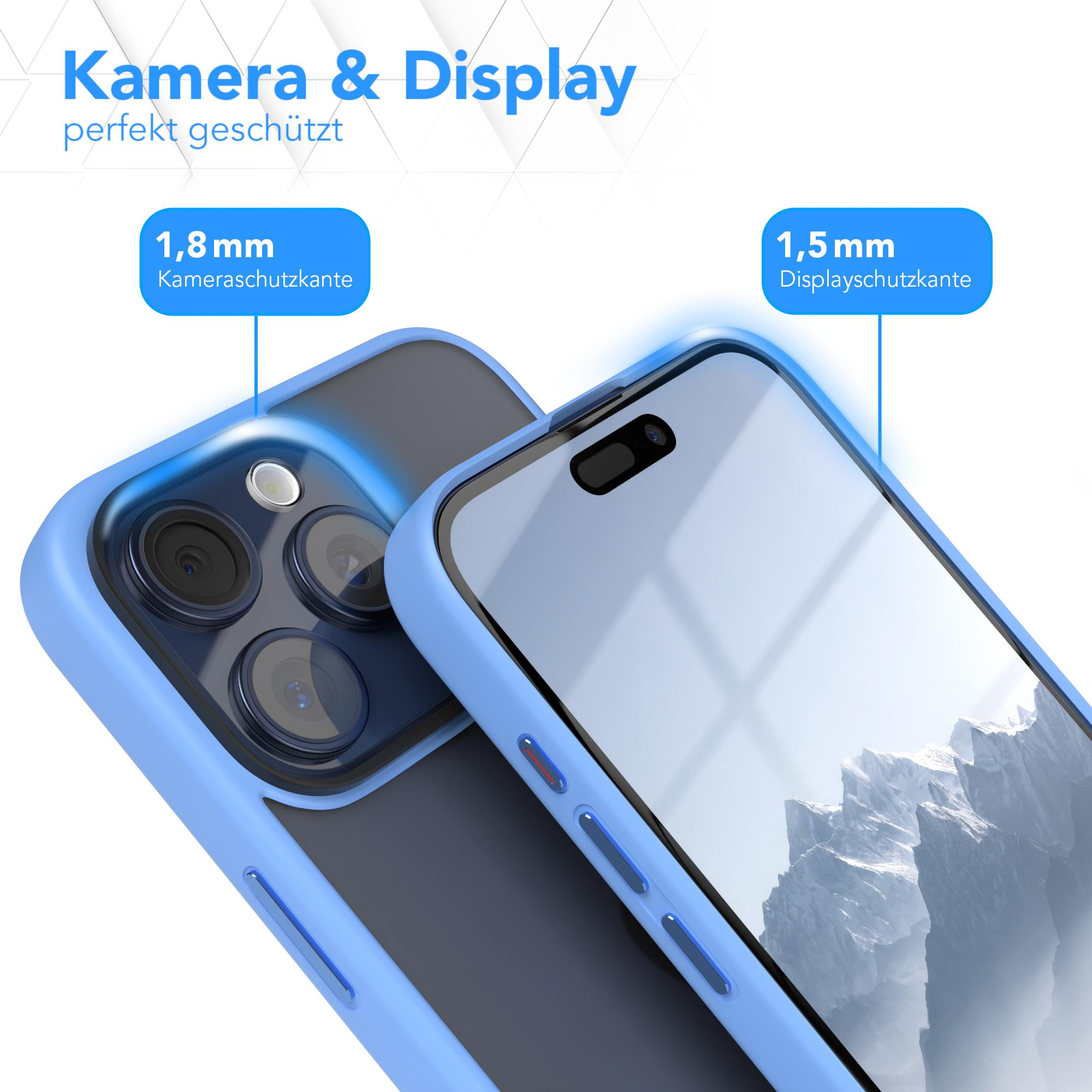 Handyhülle mit Kamera- und Displayschutz. Blauer Rahmen und schwarze Rückseite. Text auf Deutsch.