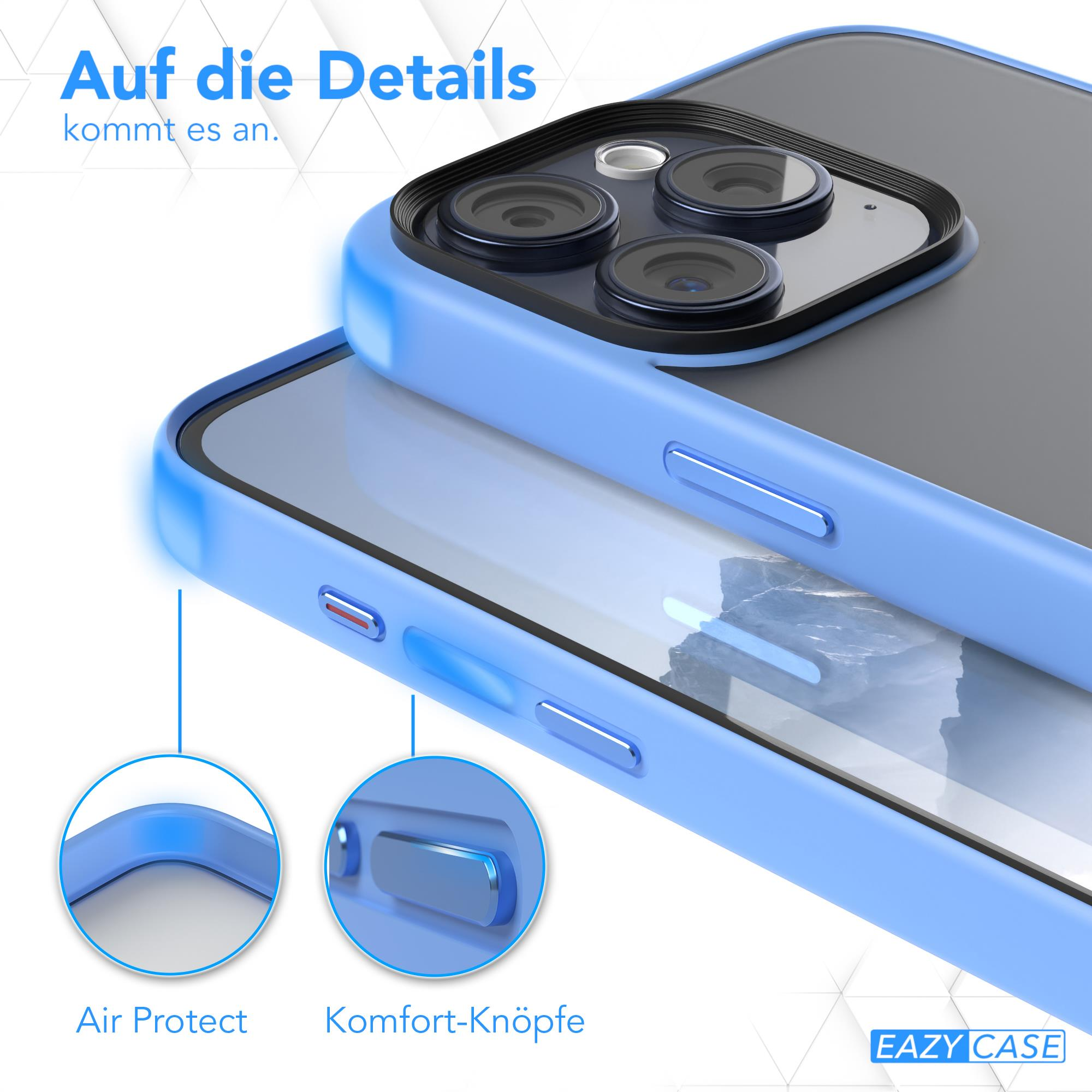 Nahaufnahme einer blauen Handyhülle mit Telefon. Zeigt Air Protect und komfortable Tasten.
