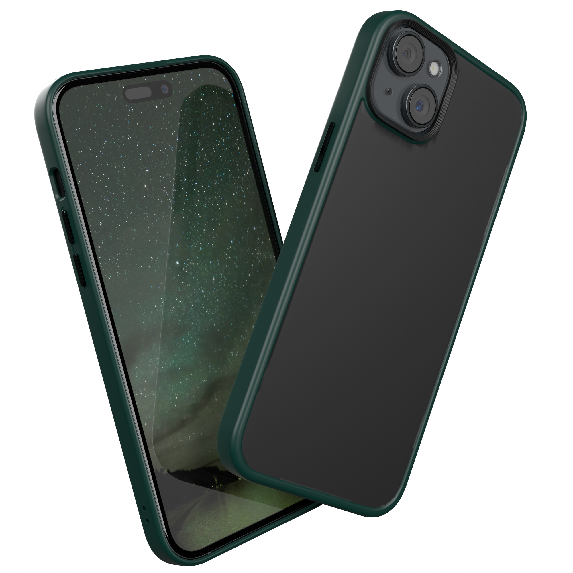 Grüne Handyhülle mit einem Telefon darin. Weißer Hintergrund.