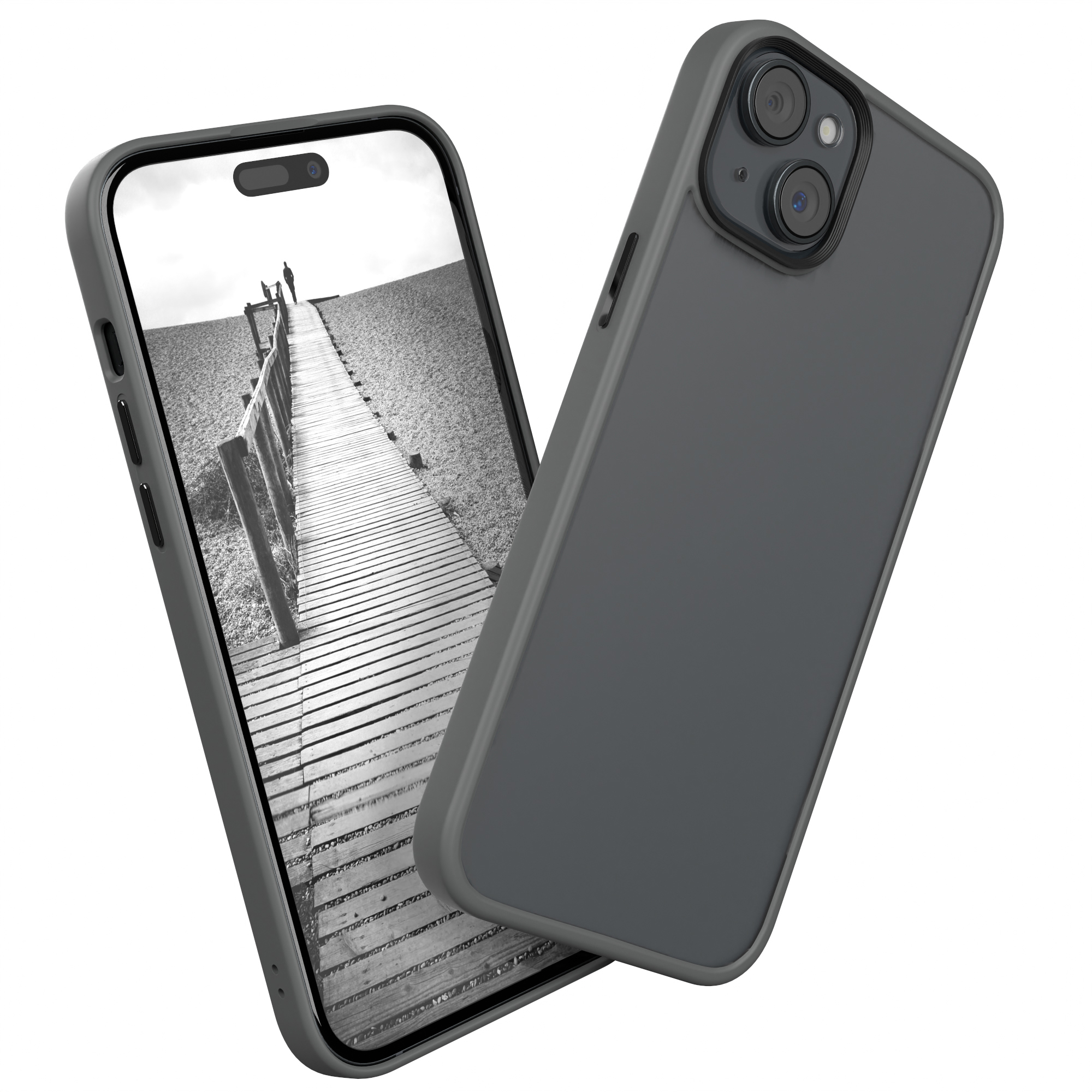 Zwei graue iPhone-Hüllen, eine mit Bild eines Holzstegs, die andere ohne.