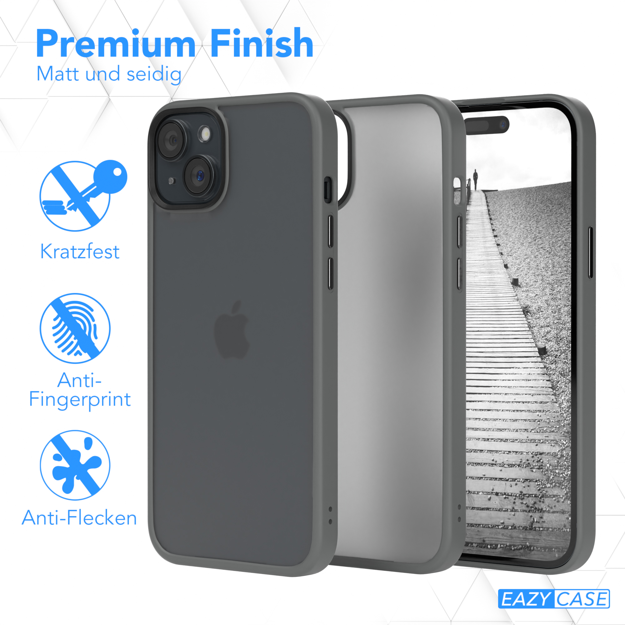 Ein Telefon in einem grauen Gehäuse, das Details zu Anti-Fingerabdruck und Anti-Kratzern zeigt.