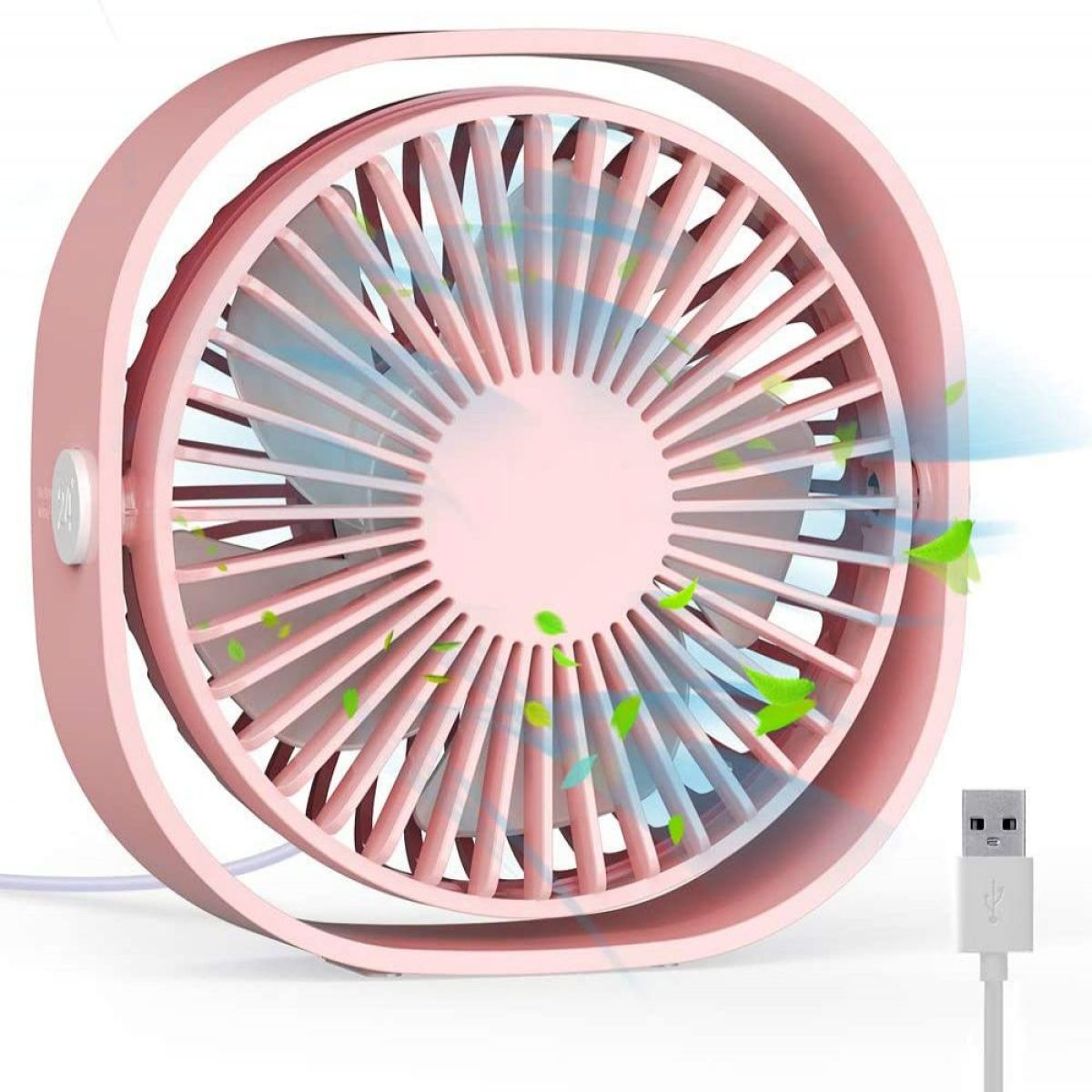 Pinkfarbener Mini-Ventilator mit kreisförmigem Rahmen und USB-Kabel.