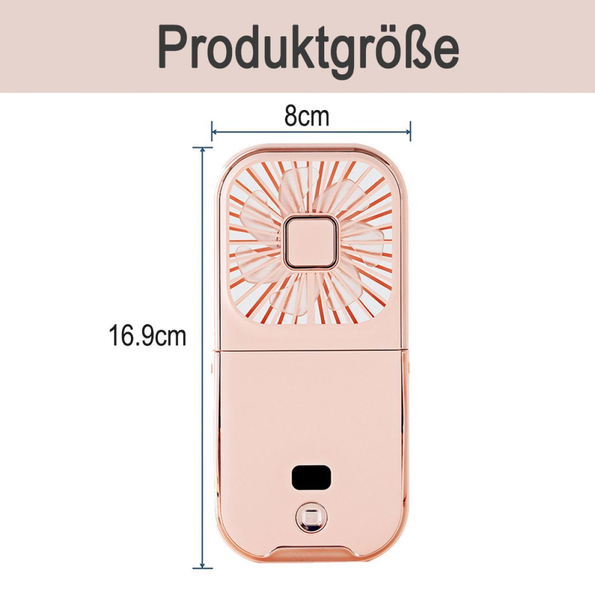 Roségoldener tragbarer Ventilator mit Abmessungen, isoliert auf weißem Hintergrund.
