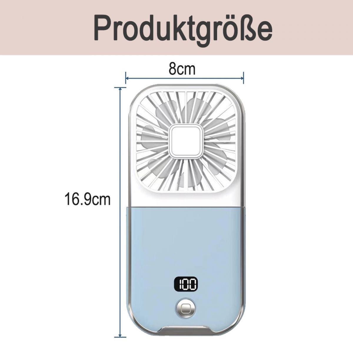 Ein kleiner blauer tragbarer Ventilator mit Digitalanzeige '100' und Maßen.