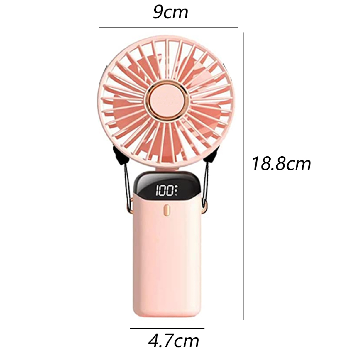 Pinkfarbener Mini-Handventilator mit Digitalanzeige und Abmessungen. Der Ventilator steht vor weißem Hintergrund.