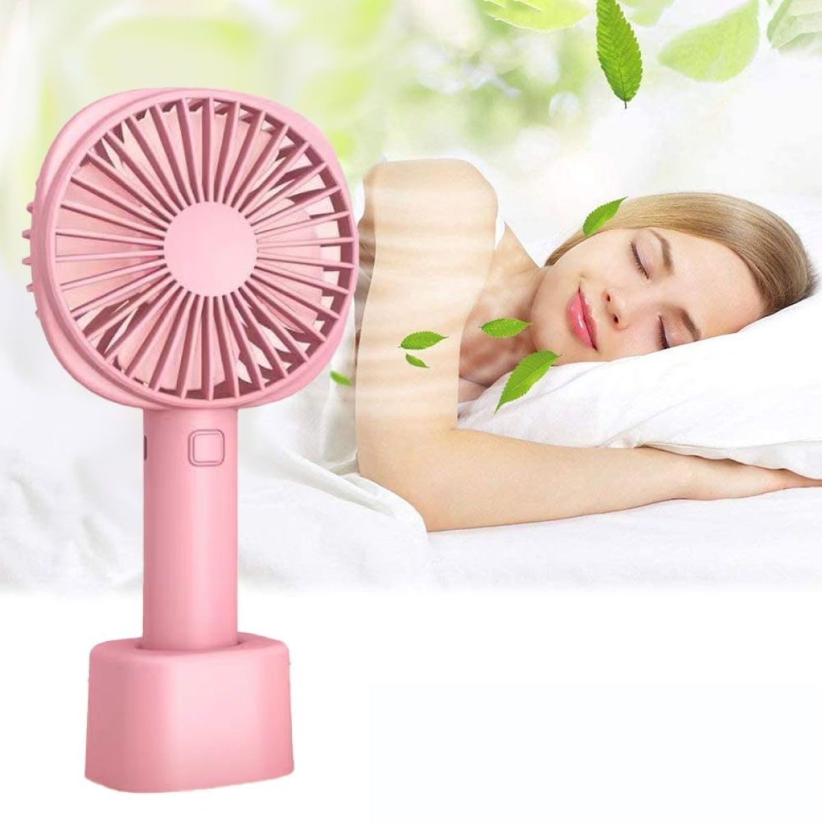 Rosa Handventilator, Blattgrafik und eine schlafende Frau mit weißem Kissen und Decke.