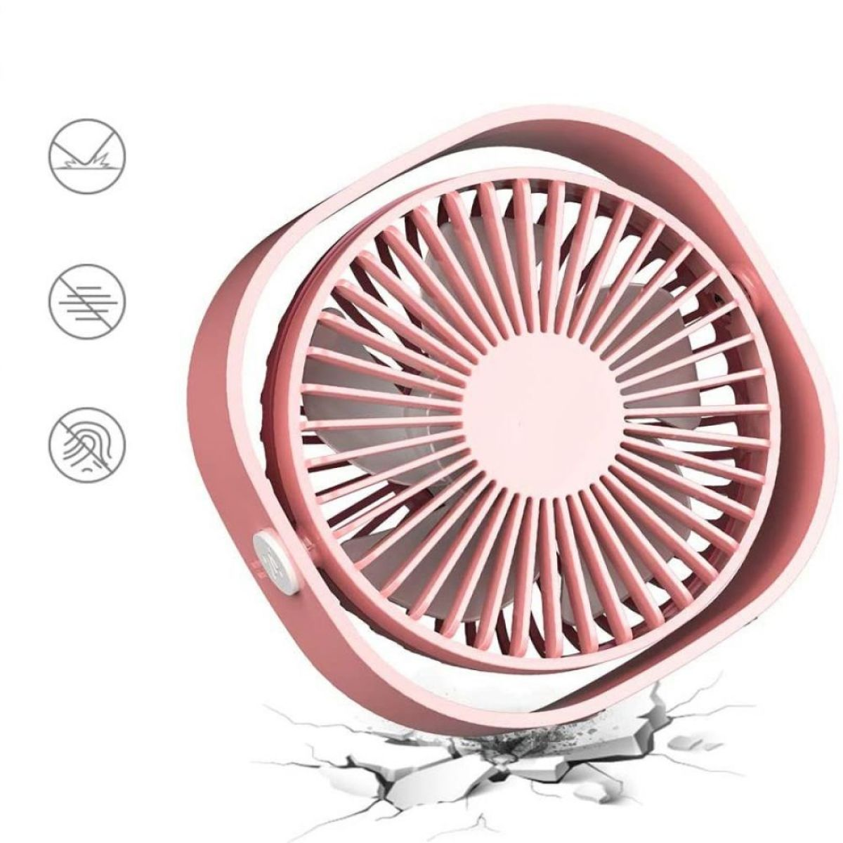 Ein rosa, tragbarer Ventilator auf einer weißen Oberfläche. Der Ventilator hat ein kreisförmiges Design und einen Ständer.