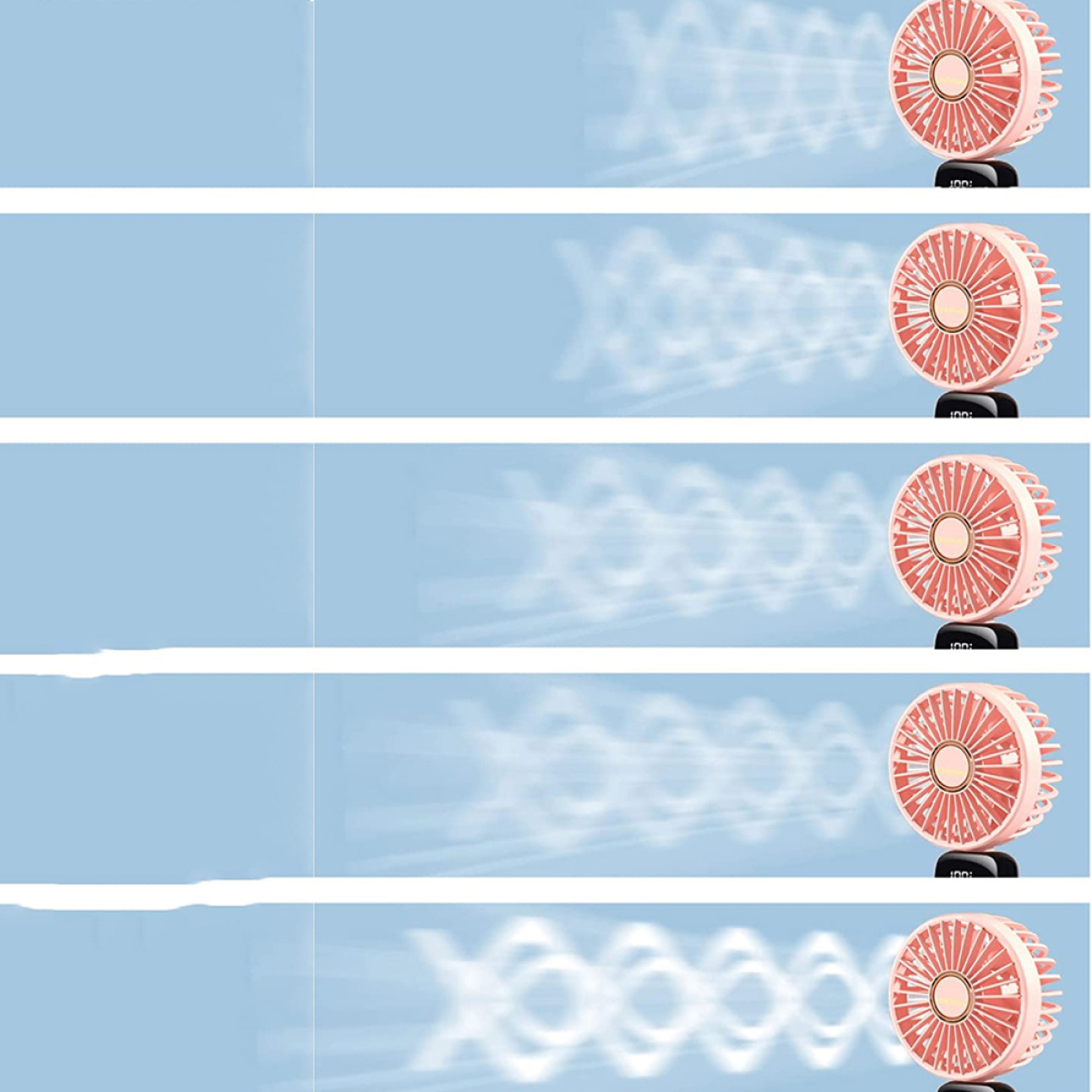 Fünf rosa tragbare Ventilatoren mit blauem Hintergrund, mit Luftstromgrafik.