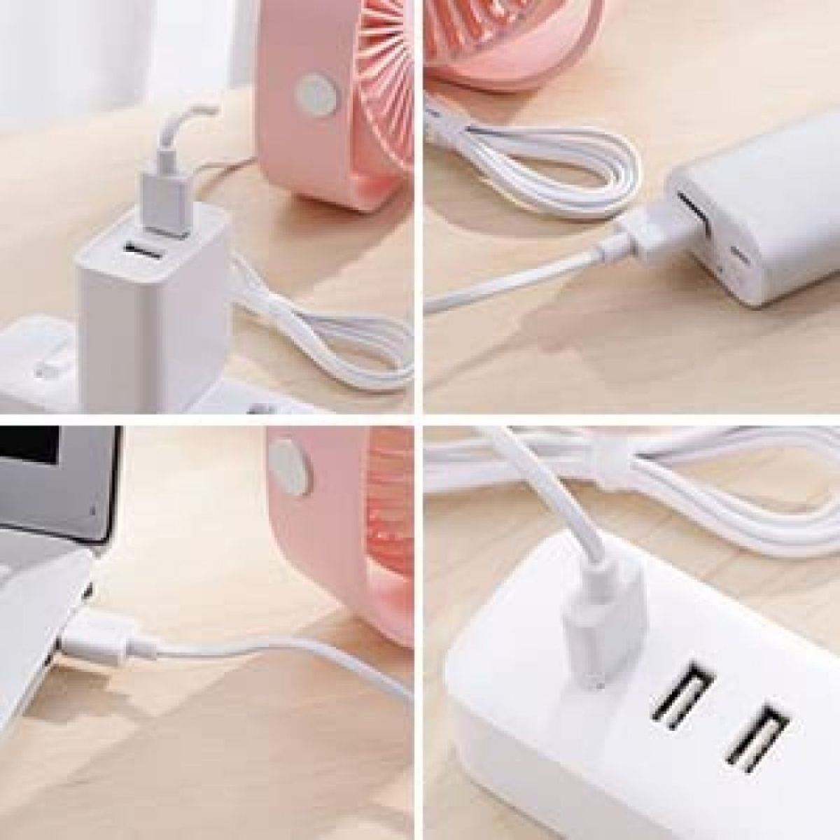 Vier Bilder von angeschlossenen Steckern und Ladegeräten. Rosa Ventilator sichtbar. USB- und Steckdosen sind gezeigt.