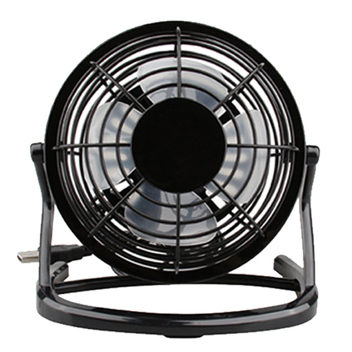 Schwarzer USB-Ventilator, runde Form, mit Schutzgitter und Ständer.