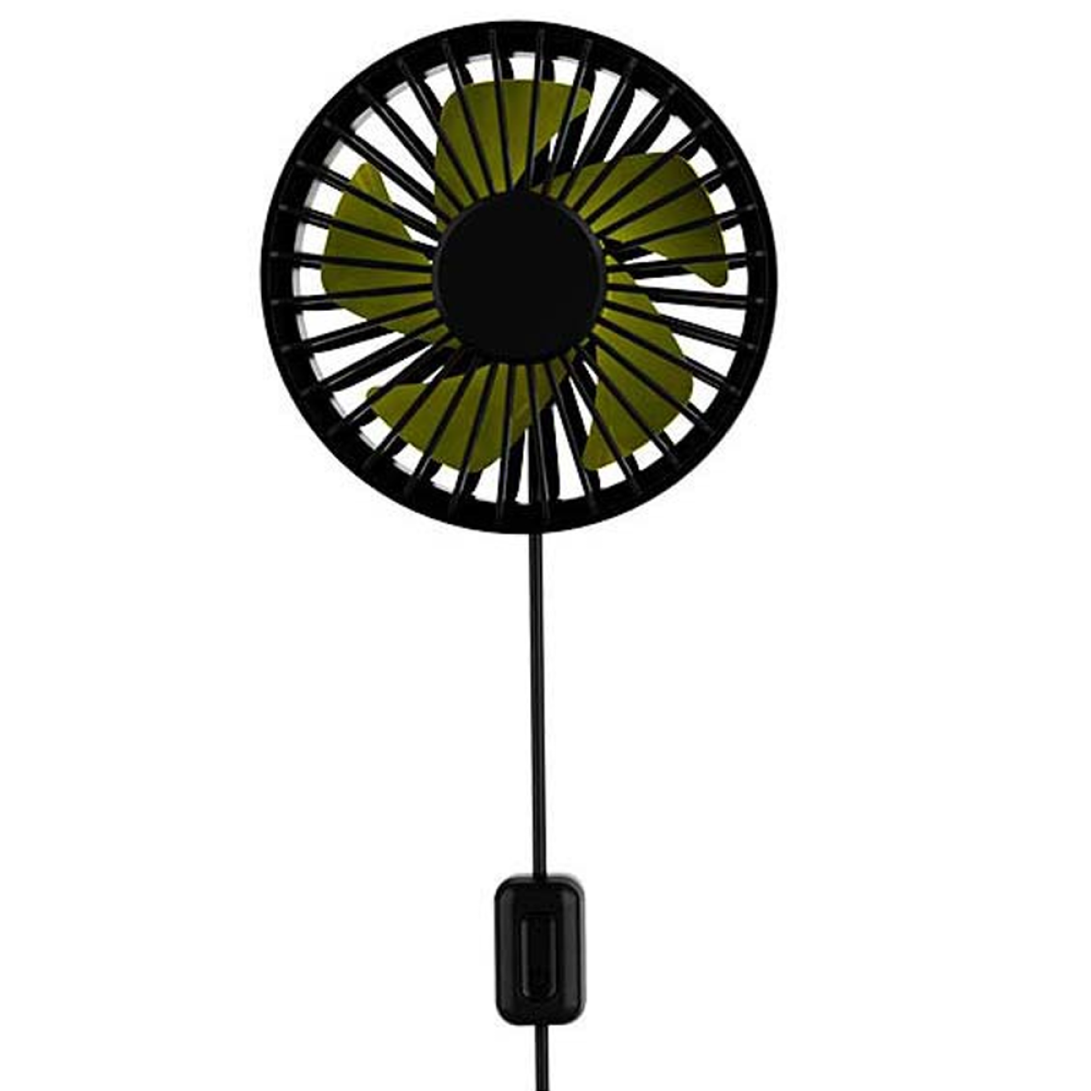 Schwarzer Ventilator mit grünen Flügeln. Er hat ein schwarzes Kabel und einen schwarzen Netzadapter.