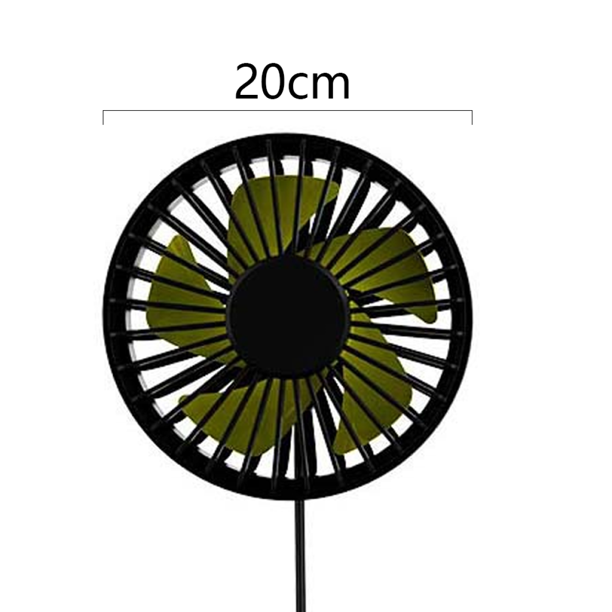 Ein kleiner, runder Ventilator mit grünen Flügeln. Er hat einen schwarzen Rahmen und einen Durchmesser von 20 cm.