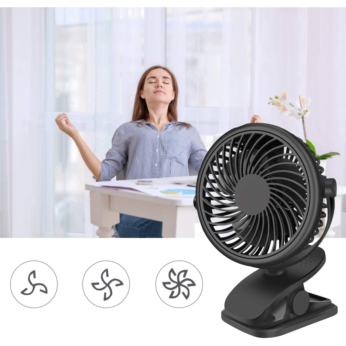 Ein schwarzer Ventilator mit Clip, eine Frau mit geschlossenen Augen, der Ventilator ist rechts.